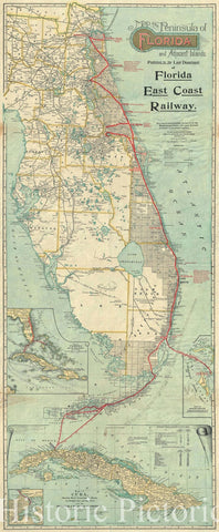 Historic Map : Florida East Coast Railway Railroad Map of Florida, 1915, Vintage Wall Art