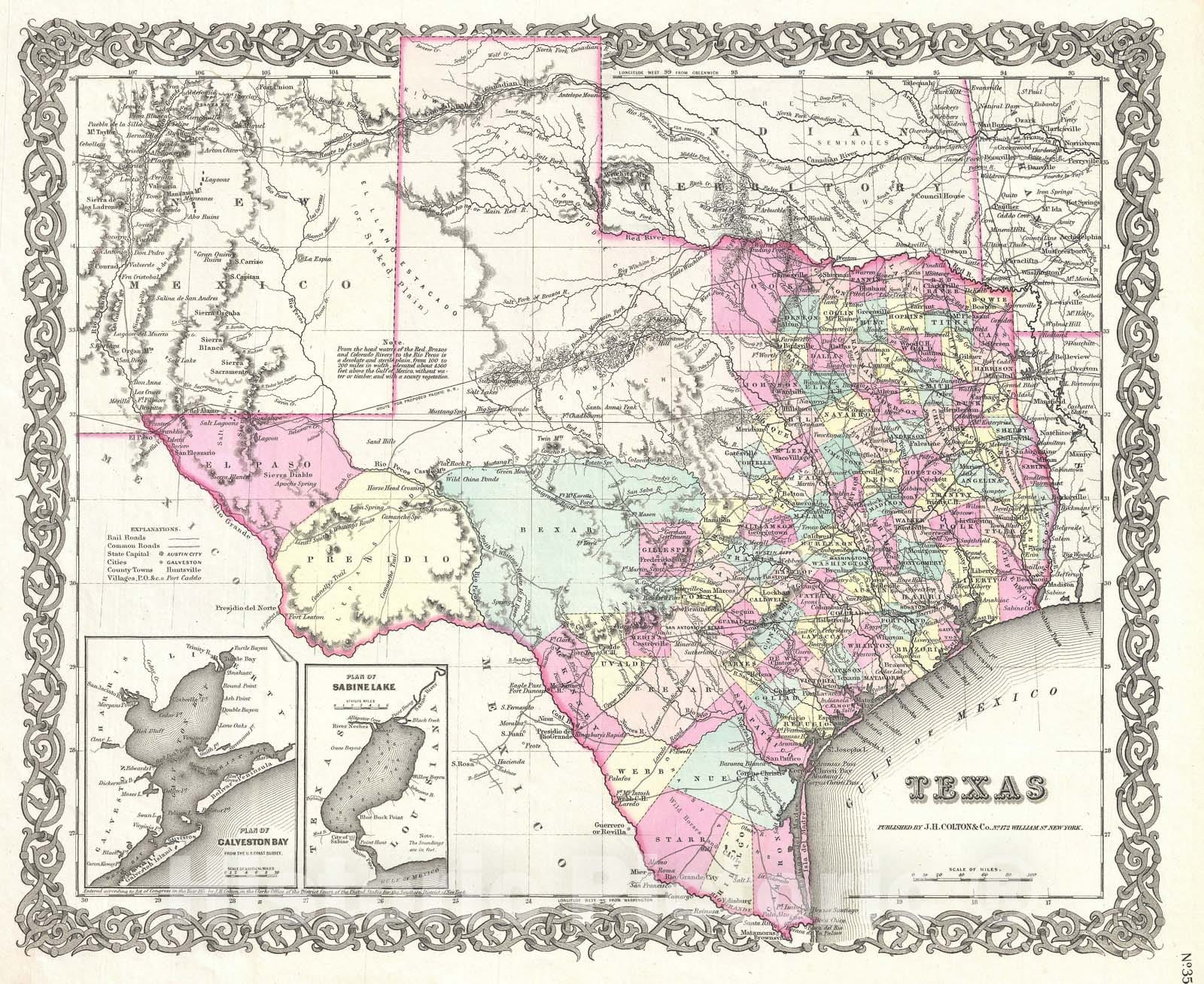 Historic Map : Texas, Colton, 1855, Vintage Wall Art