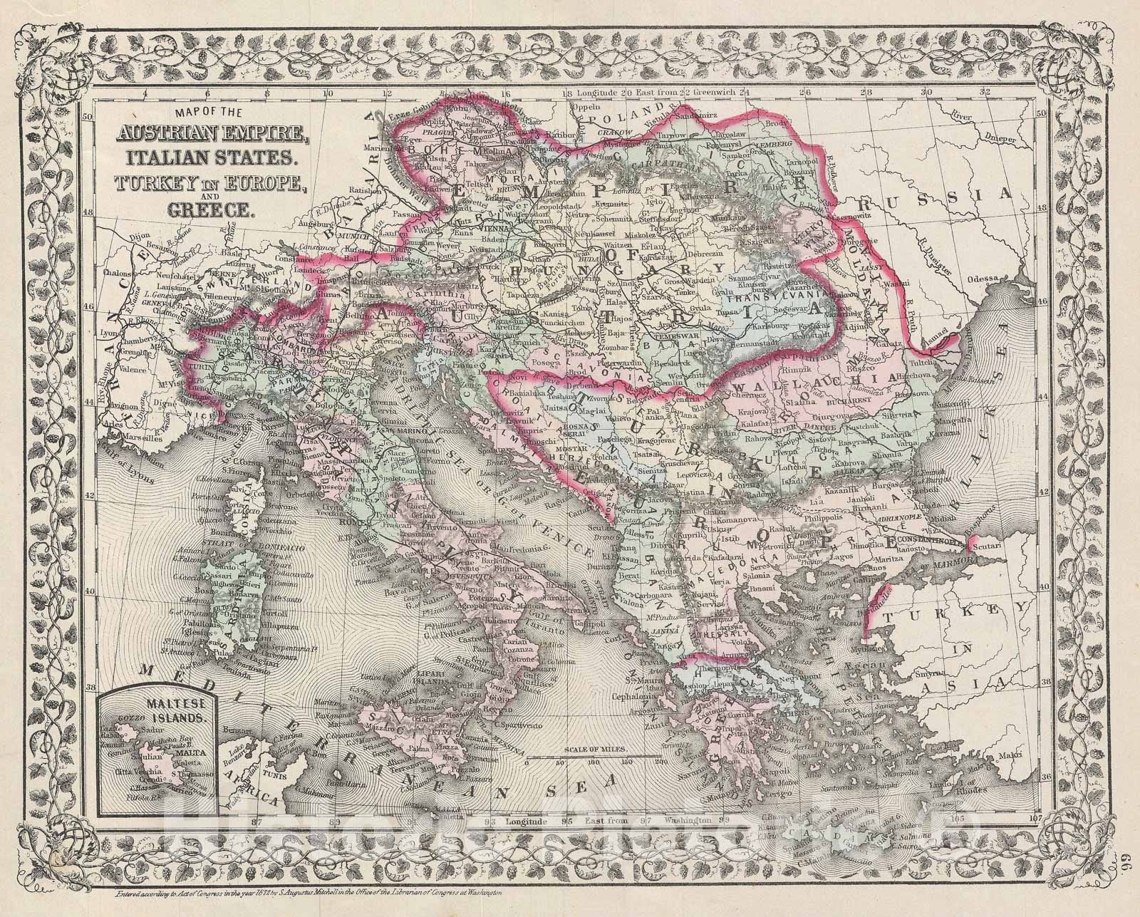 Historic Map : The Austrian Empire, Mitchell, 1872, Vintage Wall Art