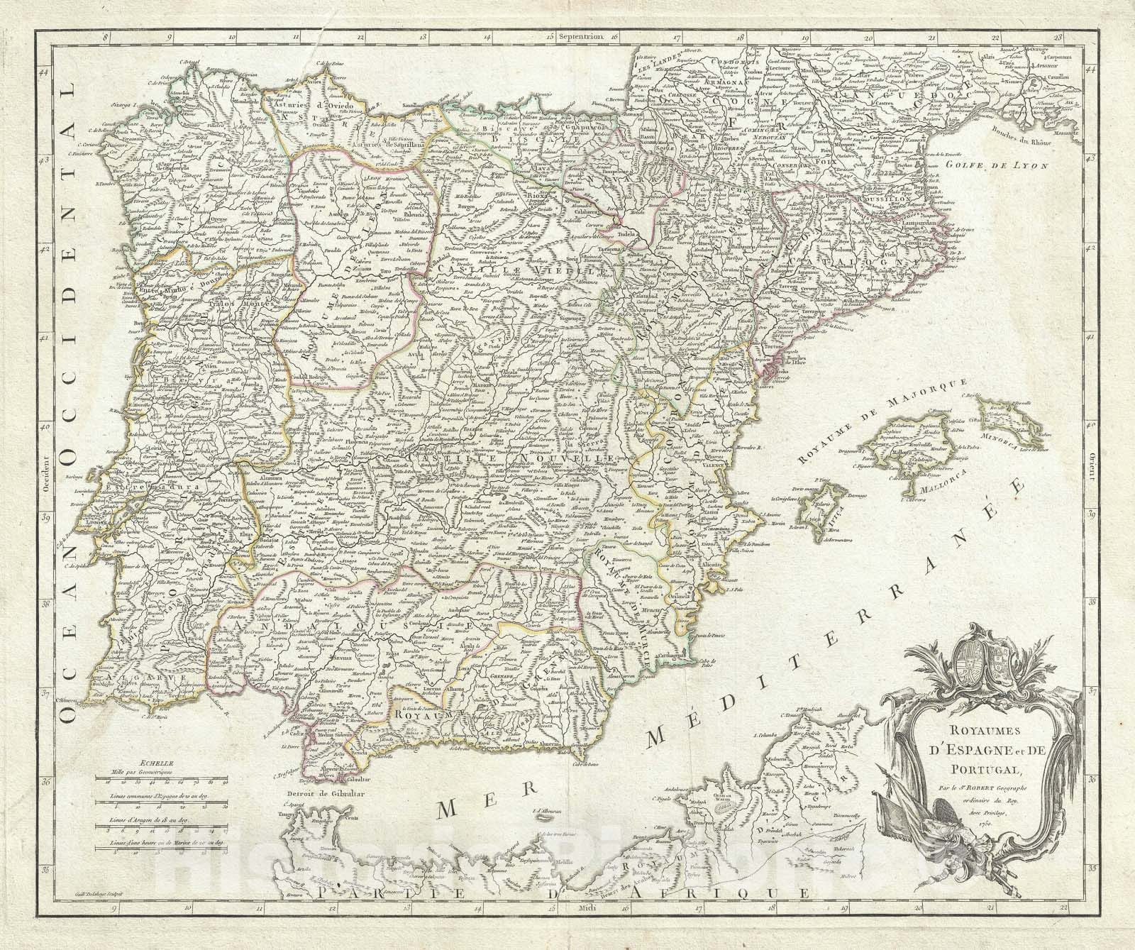 Historic Map : Spain and Portugal "showing postal routes", Vaugondy, 1757, Vintage Wall Art