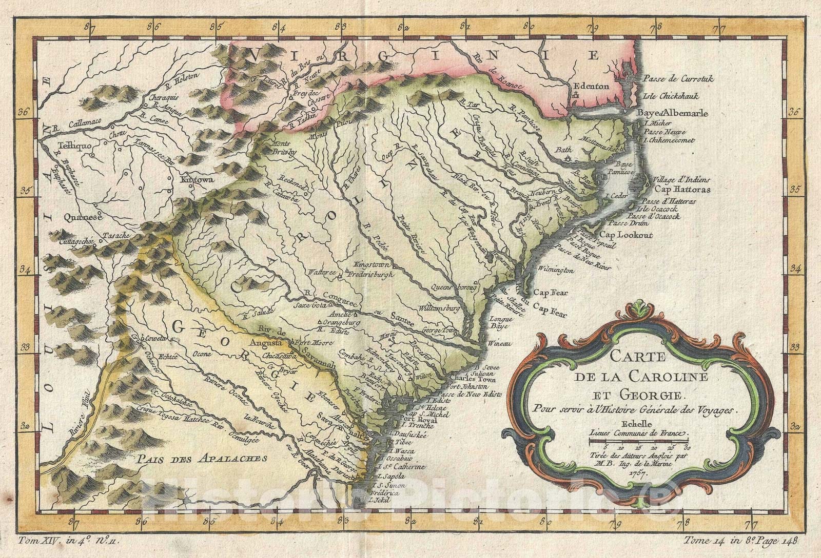 Historic Map : Carolina and Georgia, Bellin, 1757 v1, Vintage Wall Art