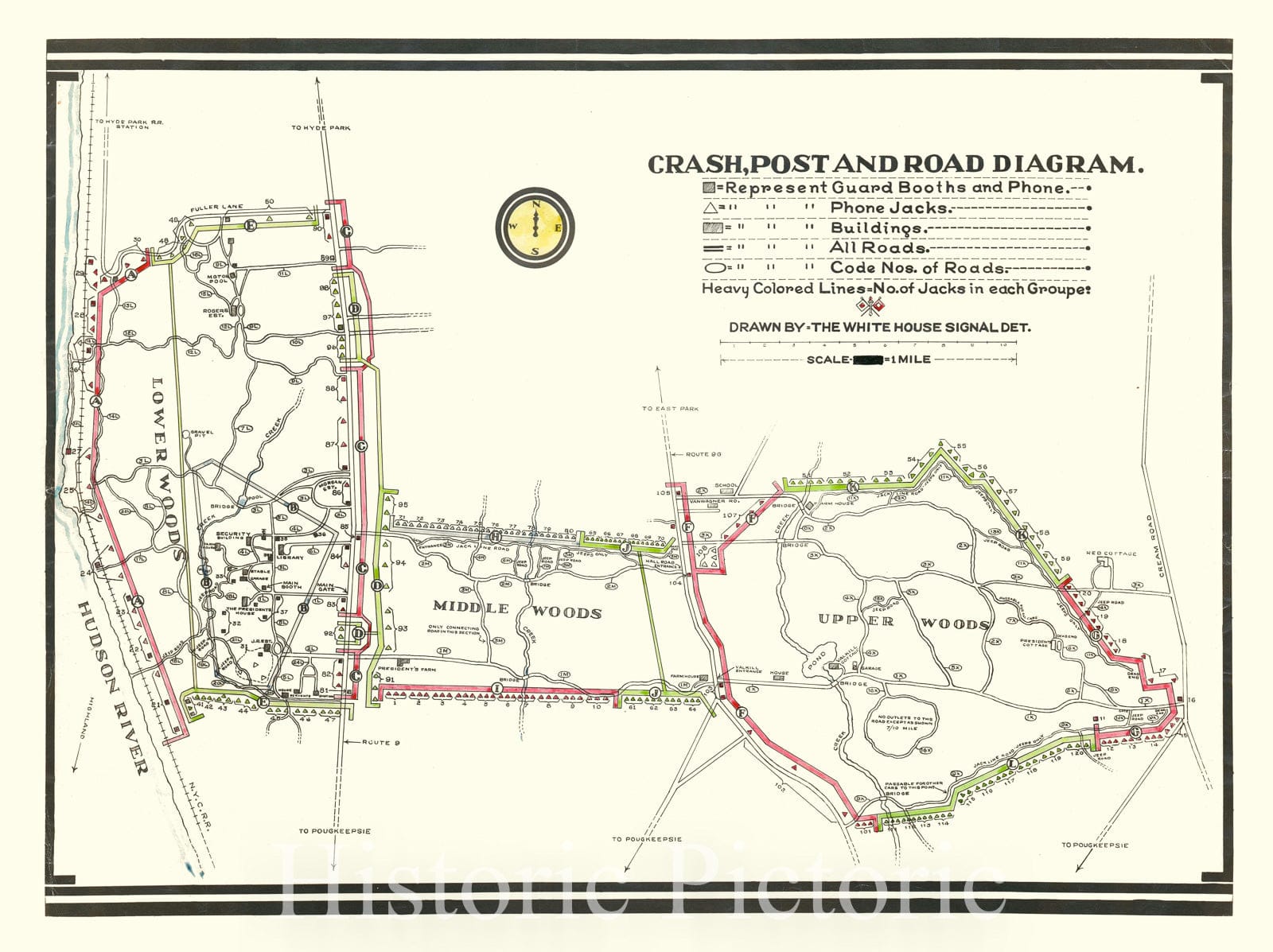 Historic Map : White House Signal Detachment Map of The Phone Network at Hyde Park, NY, 1945, Vintage Wall Art