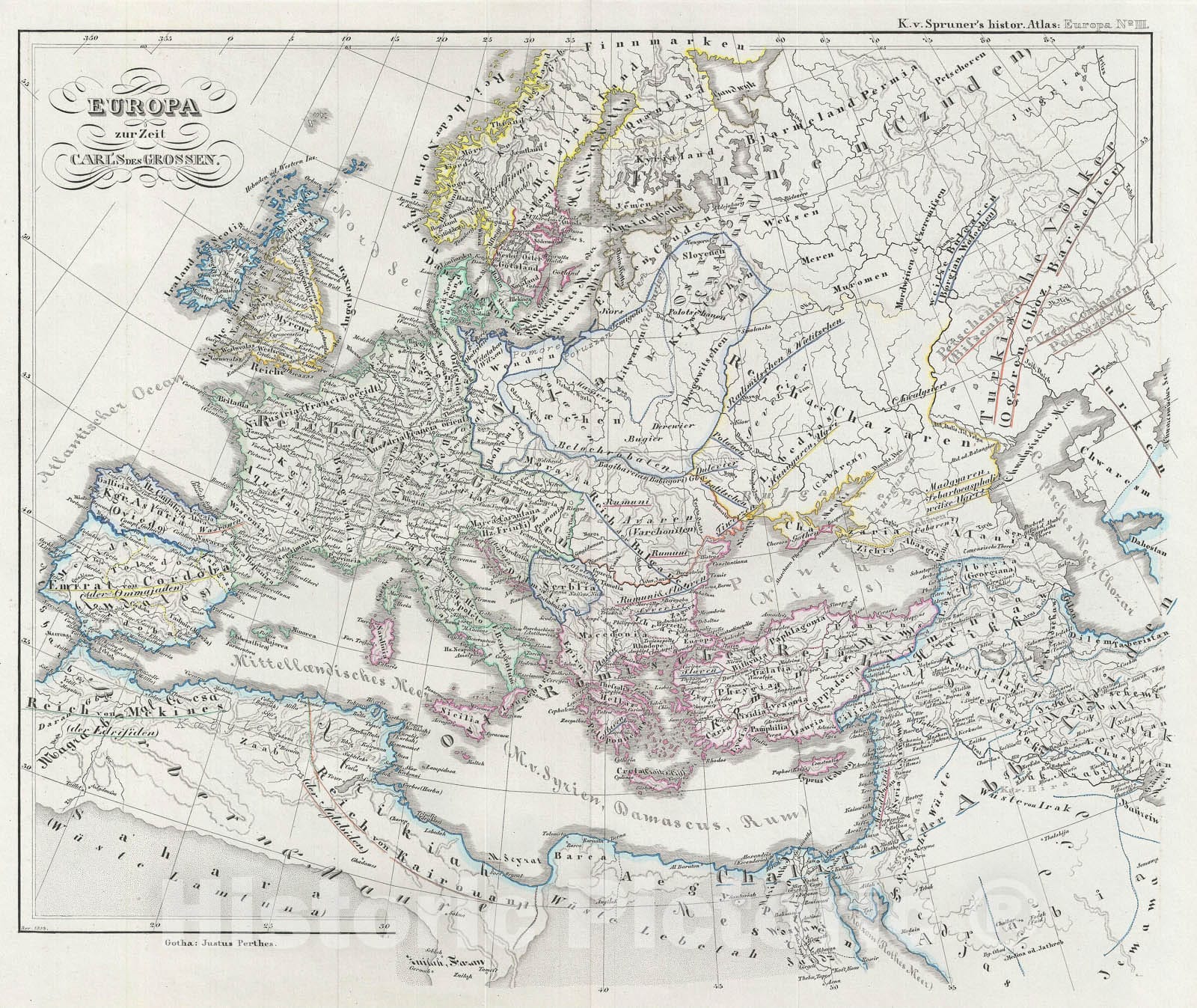 Historic Map : Europe under Charlemagne, Spruner, 1854, Vintage Wall Art