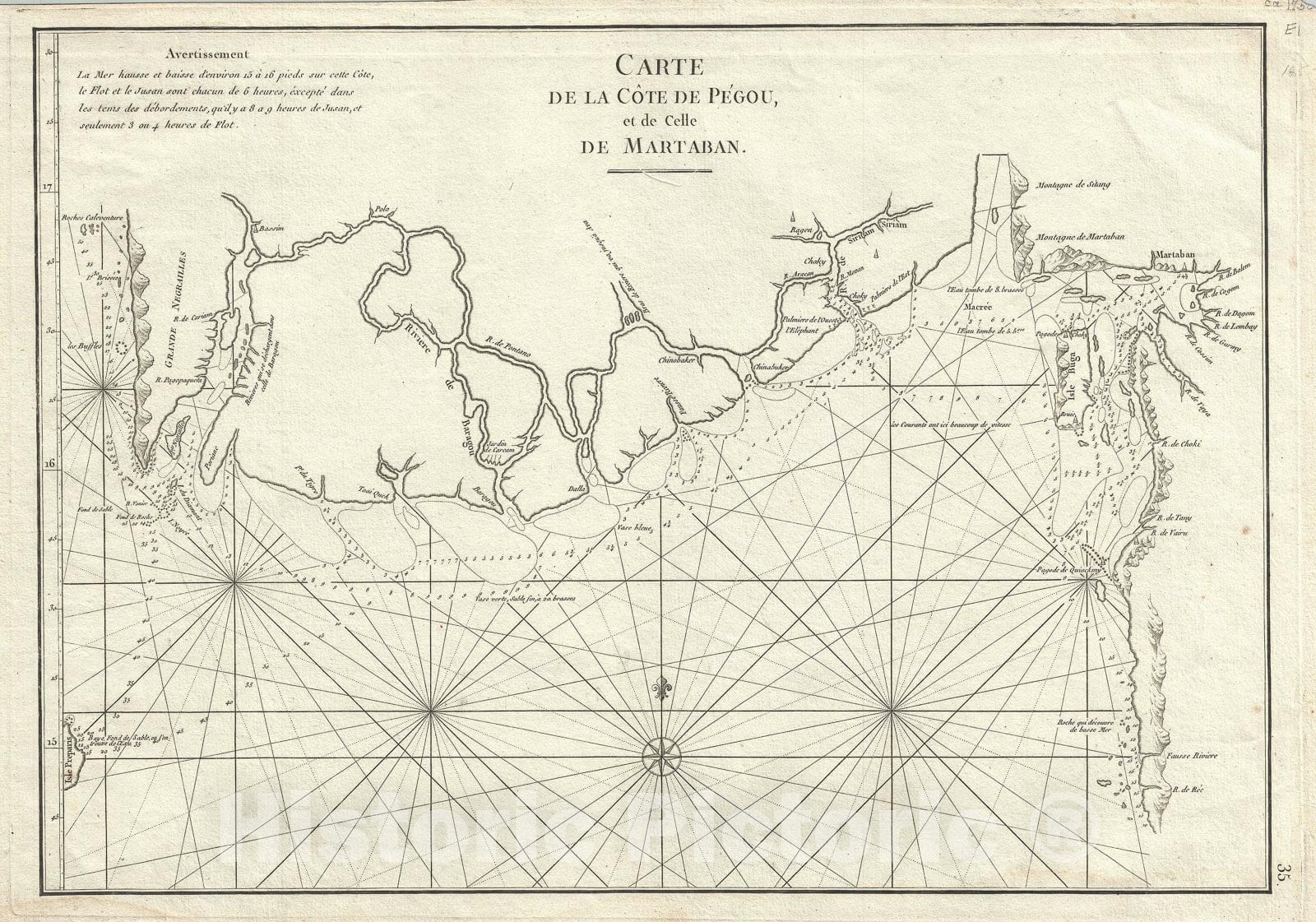Historic Map : Nautical Chart The Coast of Burma "Myanmar", Mannevillette, 1775, Vintage Wall Art