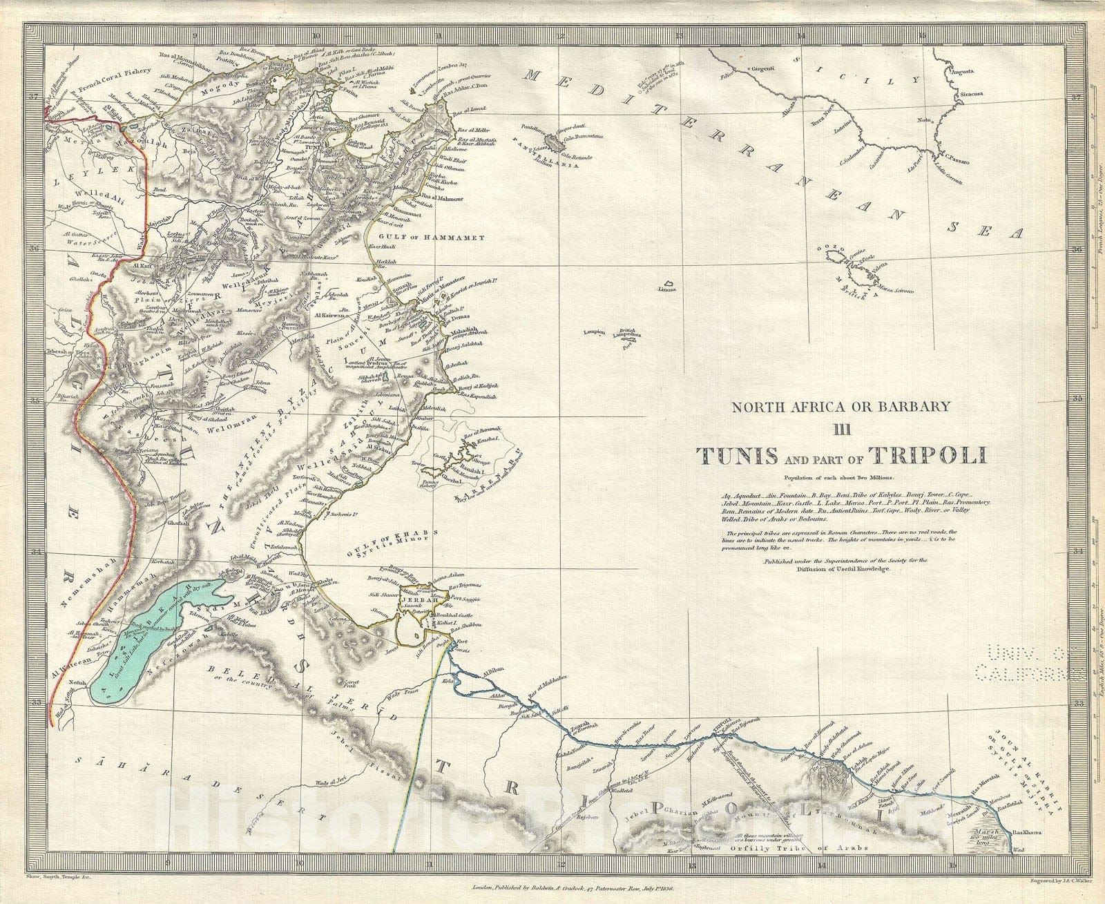 Historic Map : Tunisia and Tripoli, Barbary Coast, Northern Africa, S.D.U.K., 1836, Vintage Wall Art