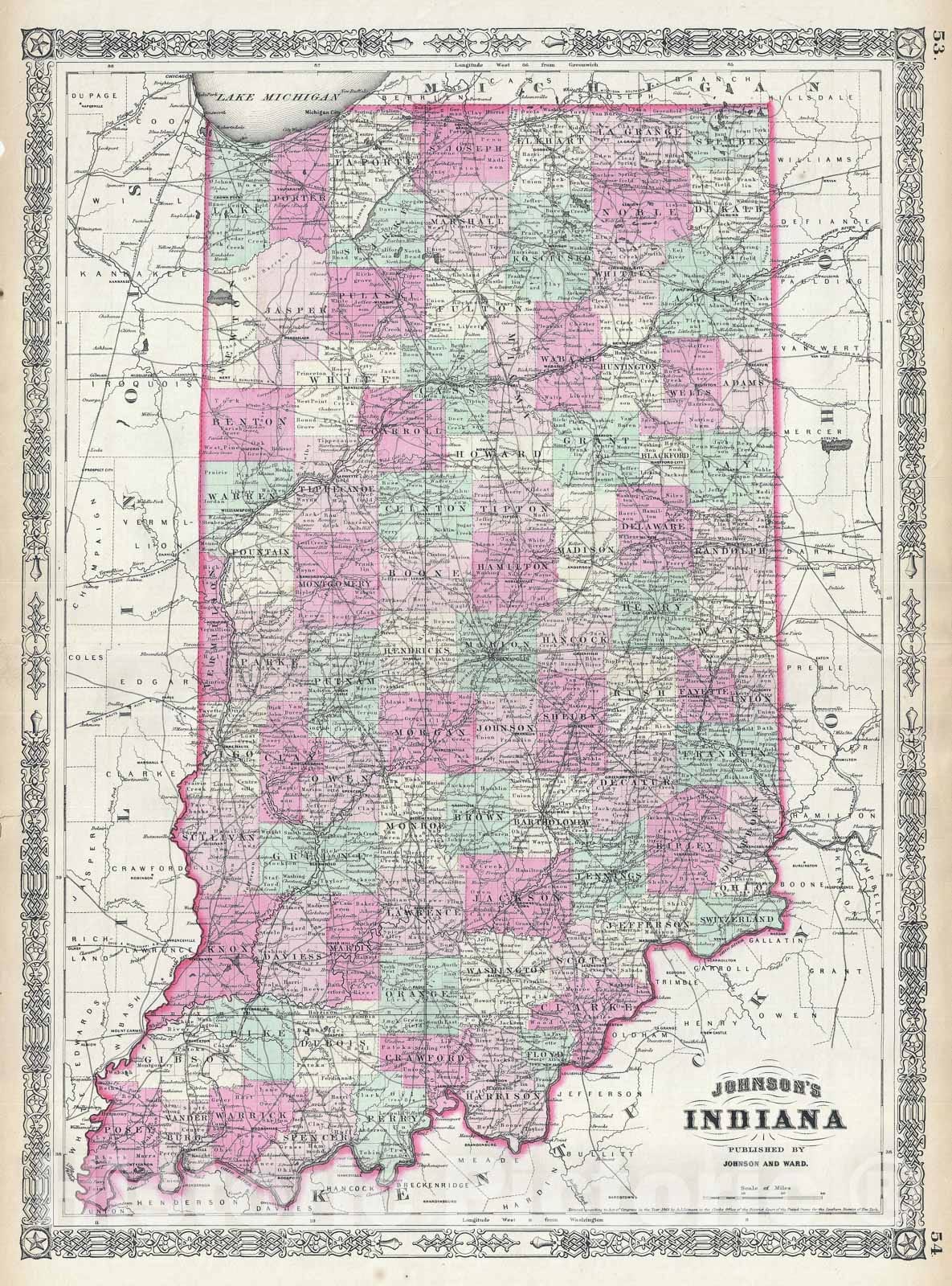 Historic Map : Indiana, Johnson, 1864, Vintage Wall Art