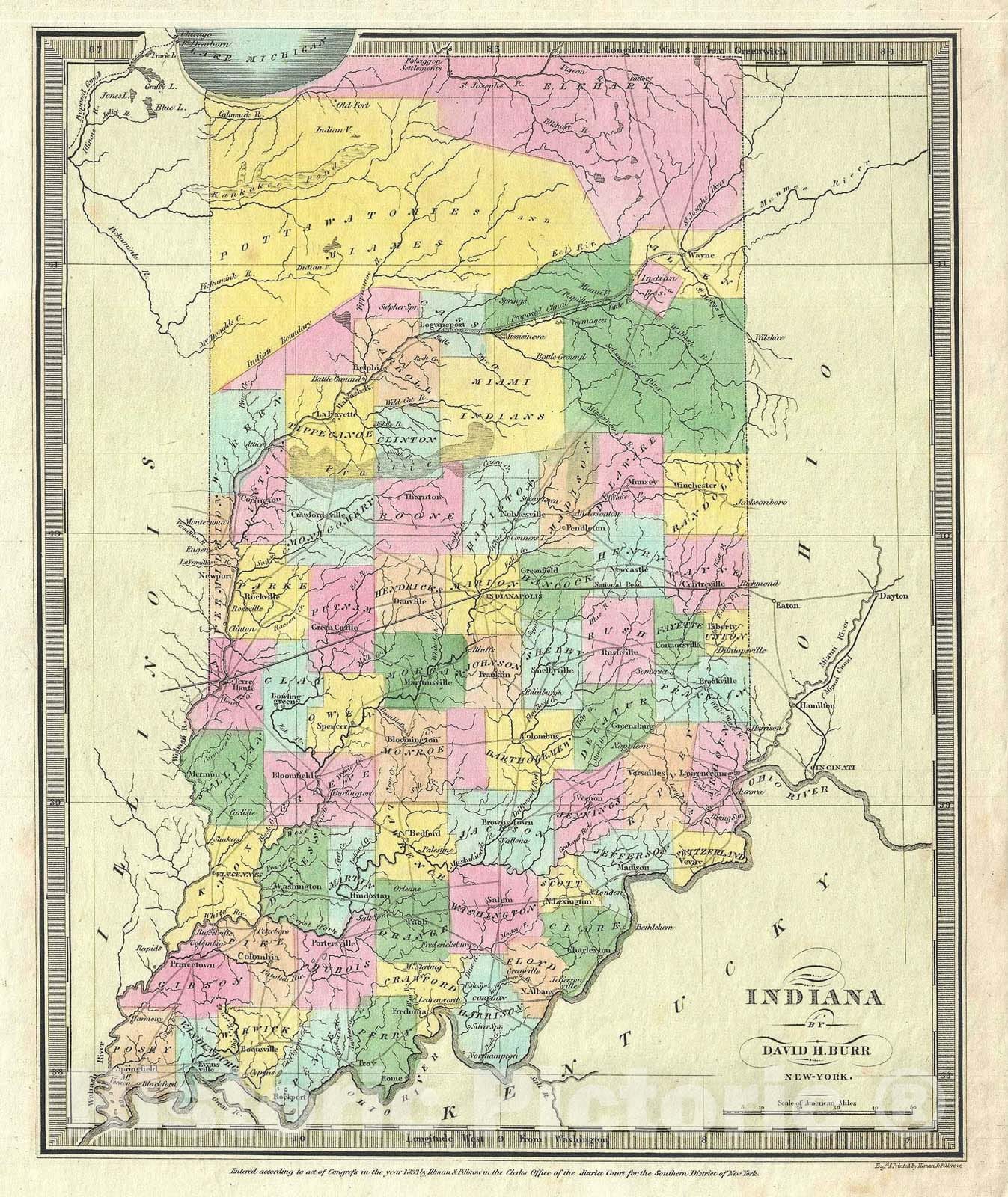 Historic Map : Indiana, Burr, 1833, Vintage Wall Art