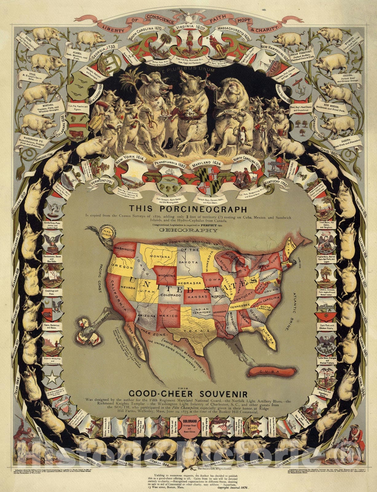Historic Map : The United States "as Pig", Baker, 1876, Vintage Wall Art
