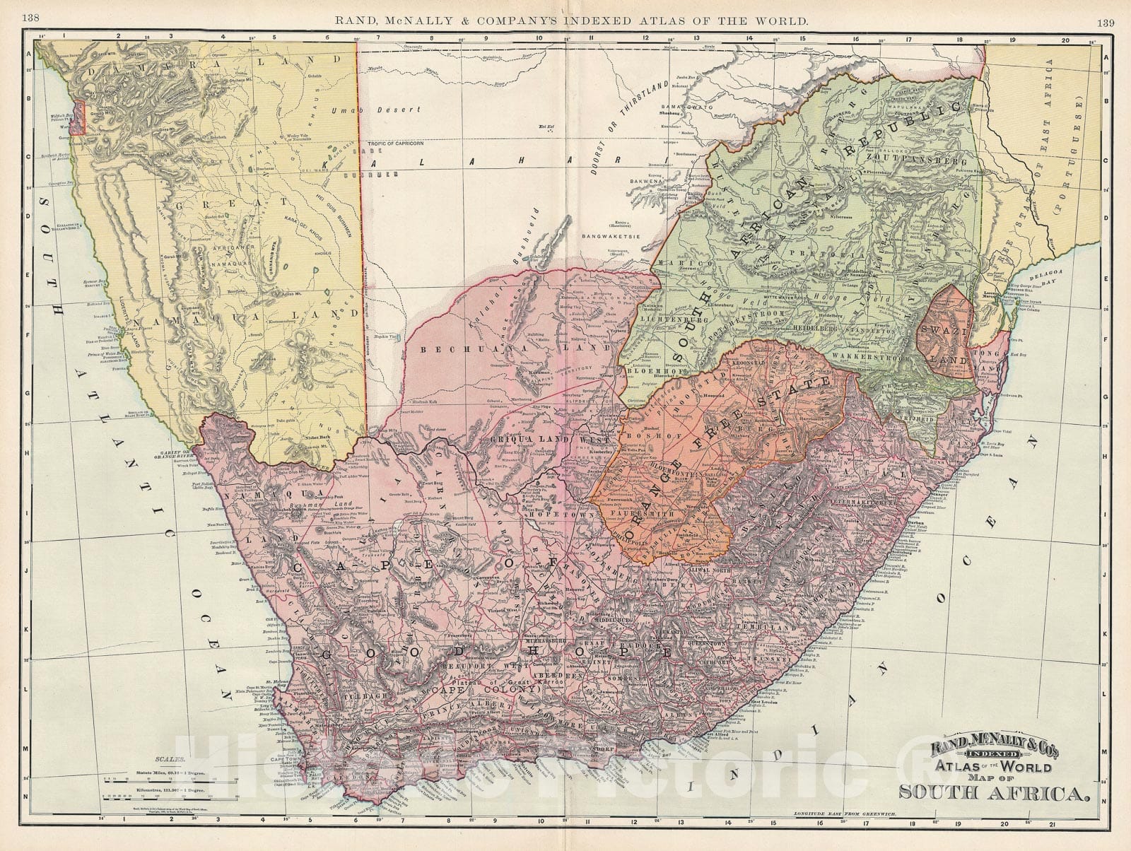 Historic Map : South Africa, Rand McNally, 1892, Vintage Wall Art