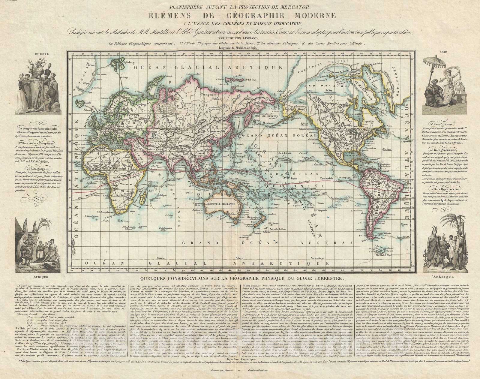 Historic Map : The World w/ decorative vingettes, Legrand, 1830, Vintage Wall Art