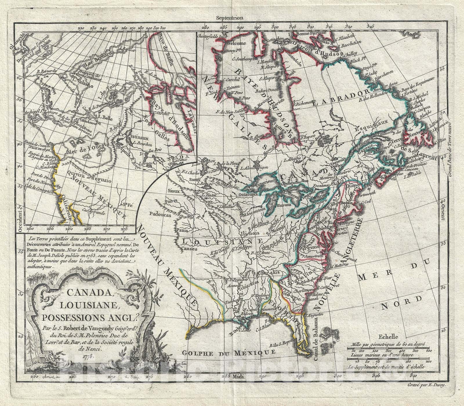 Historic Map : North America w/ De Fonte Discoveries and Sea of The West, Vaugondy, 1778, Vintage Wall Art