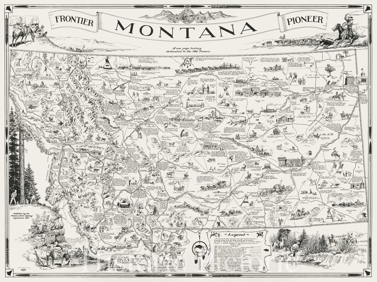 Historic Map : Shope Pictorial Map of Montana, 1937, Vintage Wall Art
