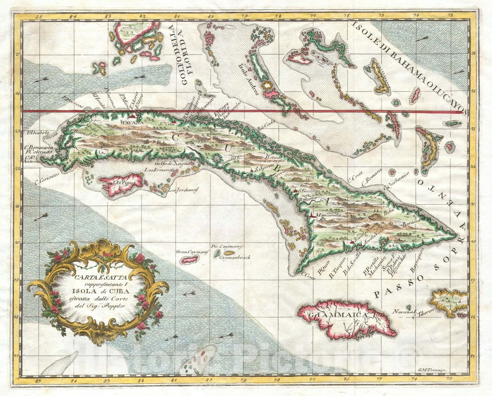 Historic Map : Cuba and Jamaica, Terreni - Coltellini, 1763, Vintage Wall Art