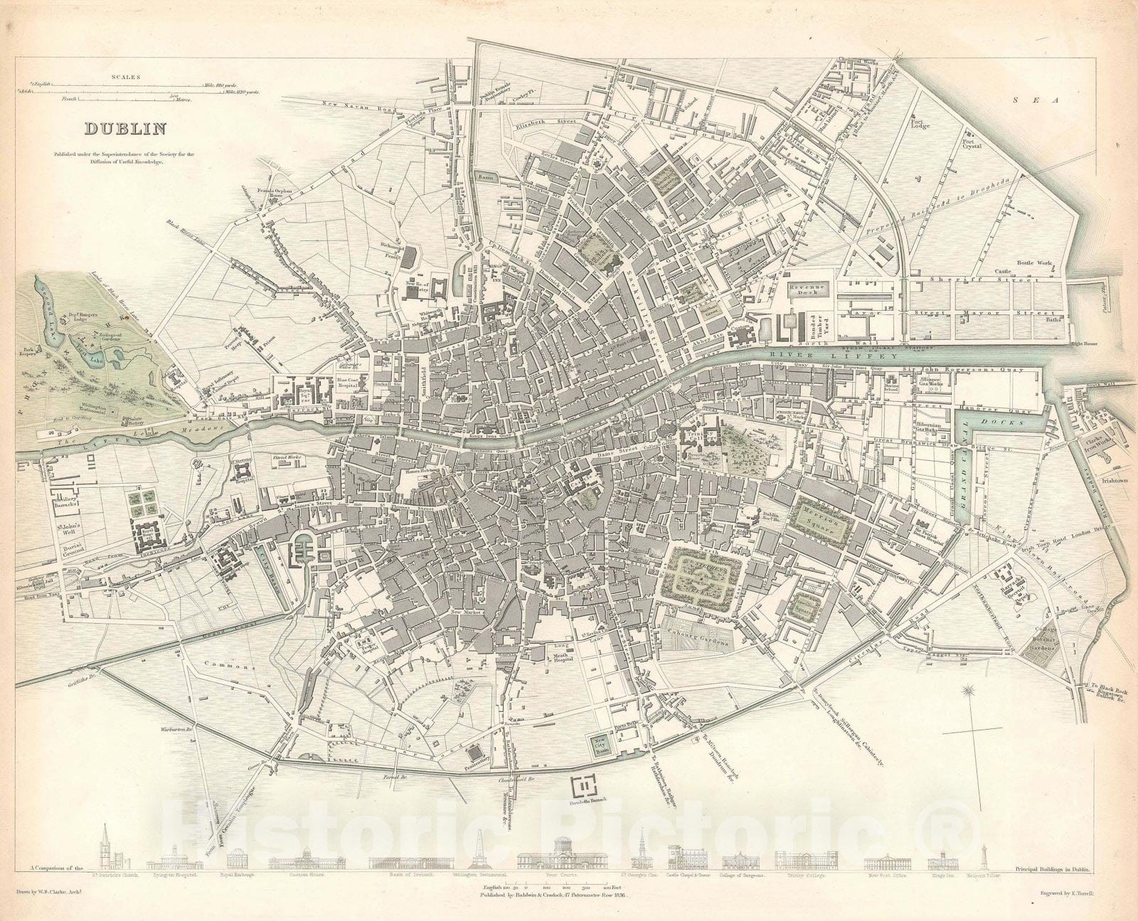 Historic Map : Plan of Dublin, Ireland, S.D.U.K., 1836, Vintage Wall Art