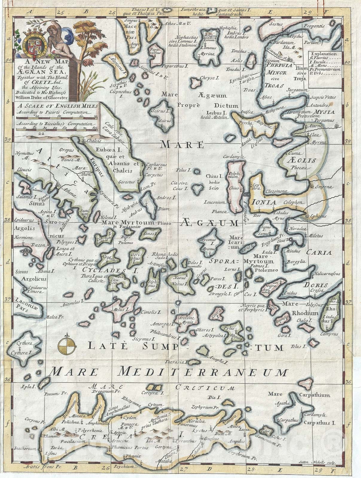 Historic Map : Islands of The Aegean Sea or The Greek Archipelago /w Crete, Wells, 1712, Vintage Wall Art