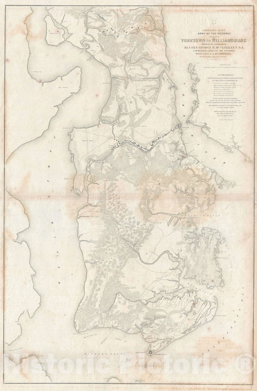 Historic Map : The Peninsula Campaign during U.S. Civil War, Abbot and Humphreys, 1862, Vintage Wall Art