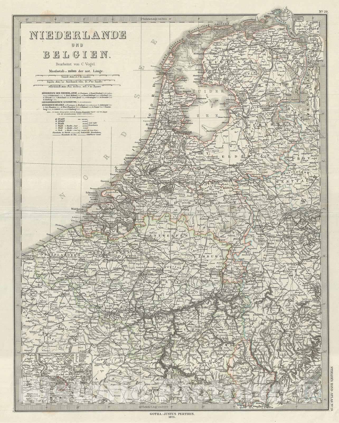 Historic Map : The Holland and Belgium, Stieler, 1873, Vintage Wall Art