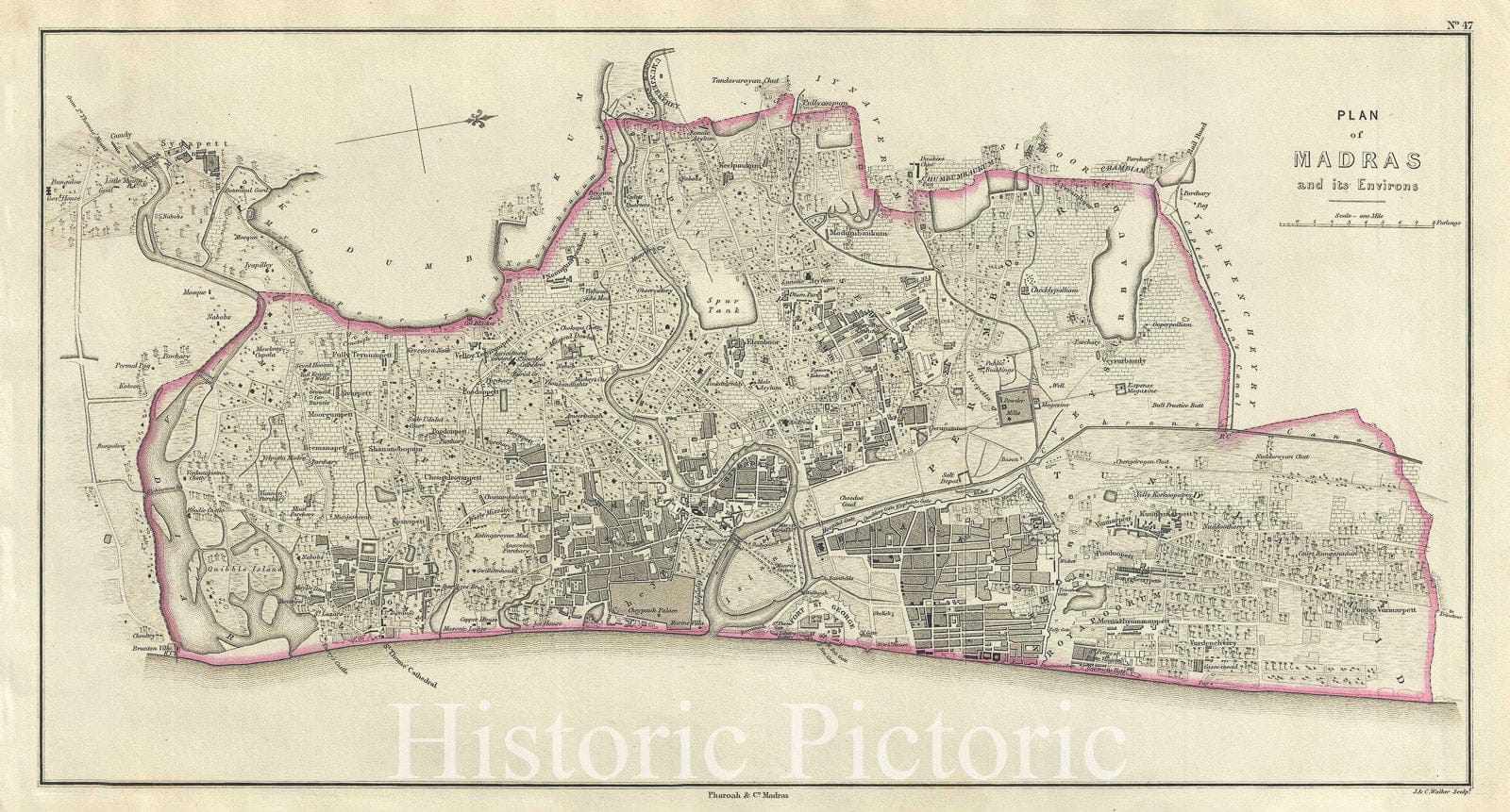 Historic Map : Plan of The City of Madras or Chennai, India, Pharoah, 1854, Vintage Wall Art