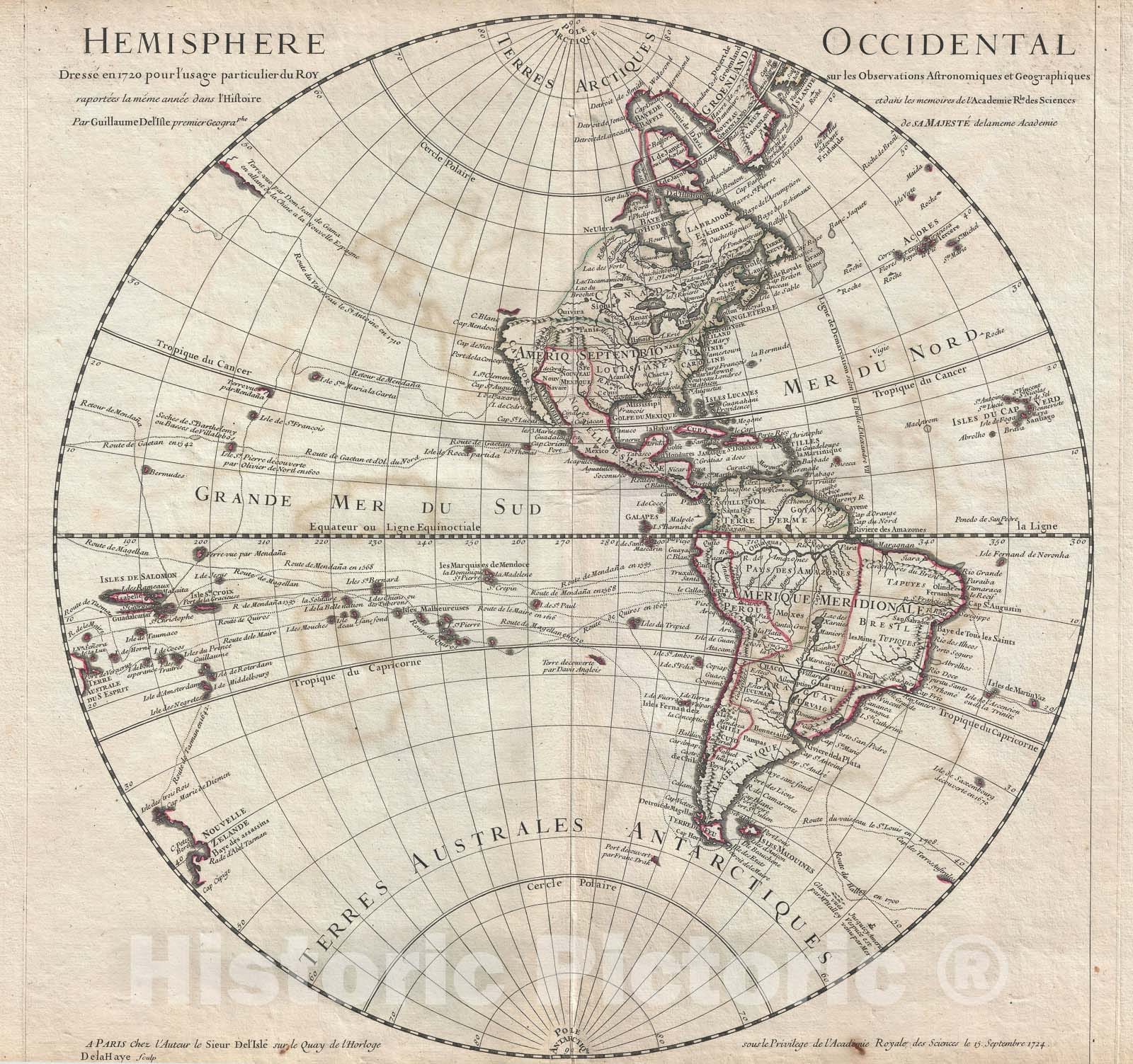 Historic Map : The Western Hemisphere or America, Delisle, 1724, Vintage Wall Art