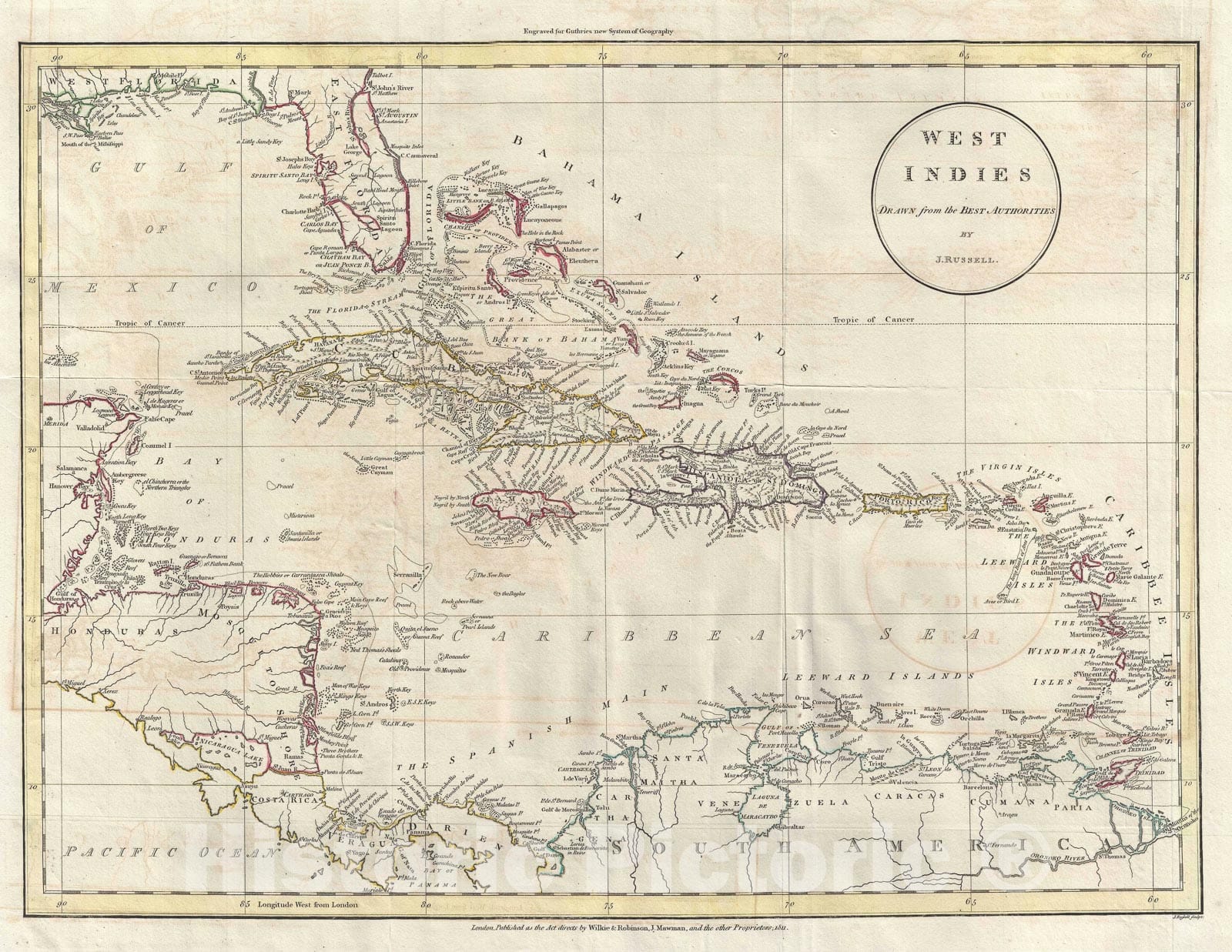 Historic Map : The West Indies, Russell, 1811, Vintage Wall Art