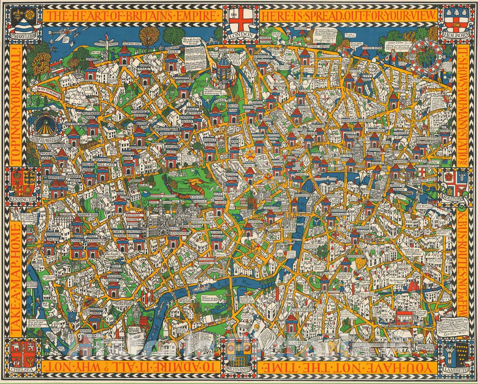 Historic Map : Pictorial Map of London, Macdonald Gill, 1928, Vintage Wall Art