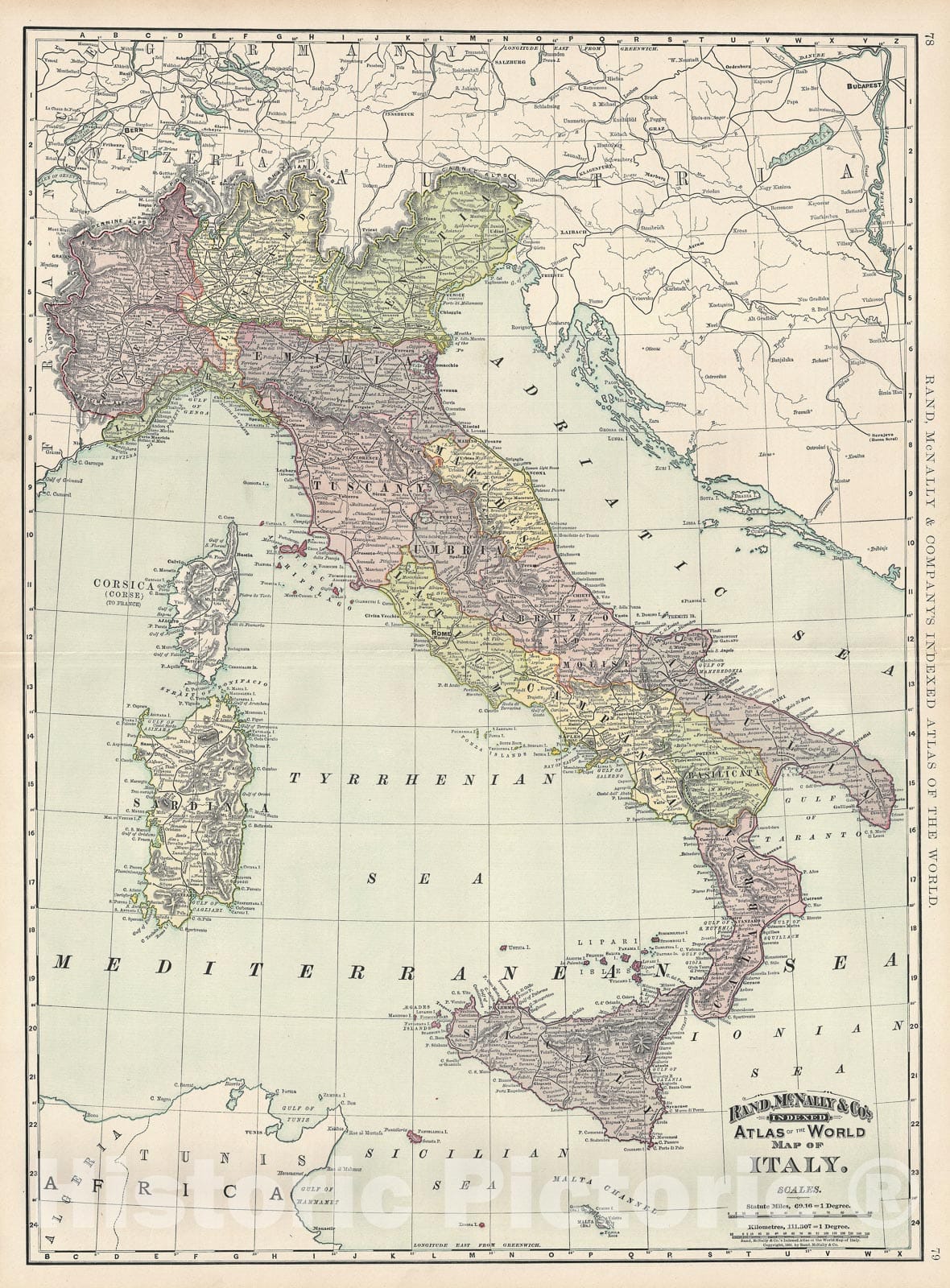 Historic Map : Italy, Rand McNally, 1891, Vintage Wall Art
