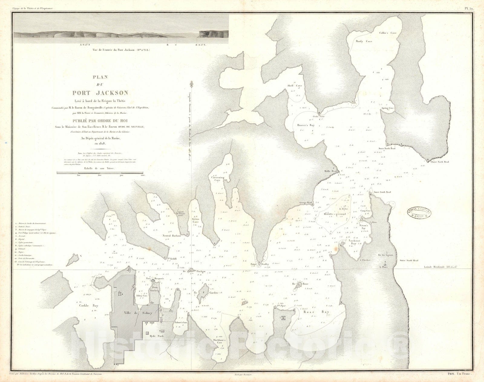 Historic Map : Nautical Chart Port Jackson, Sydney, Australia, Bougainville, 1828, Vintage Wall Art