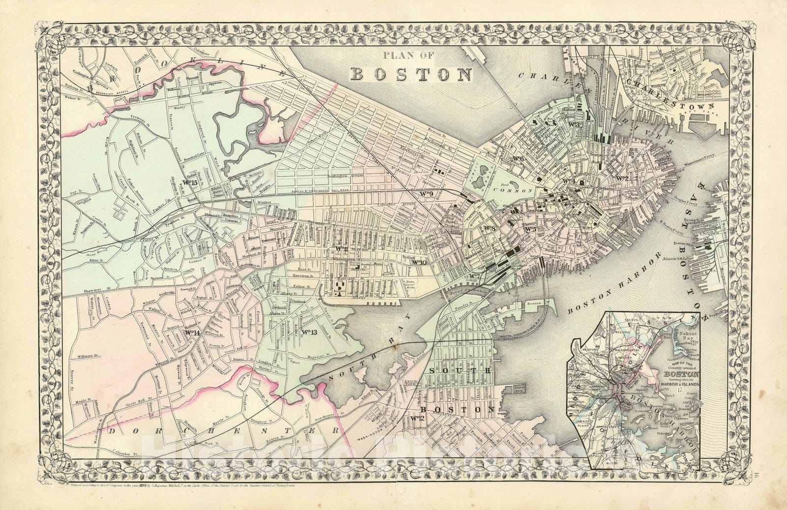 Historic Map : Boston, Massachusetts, Mitchell, 1870, Vintage Wall Art