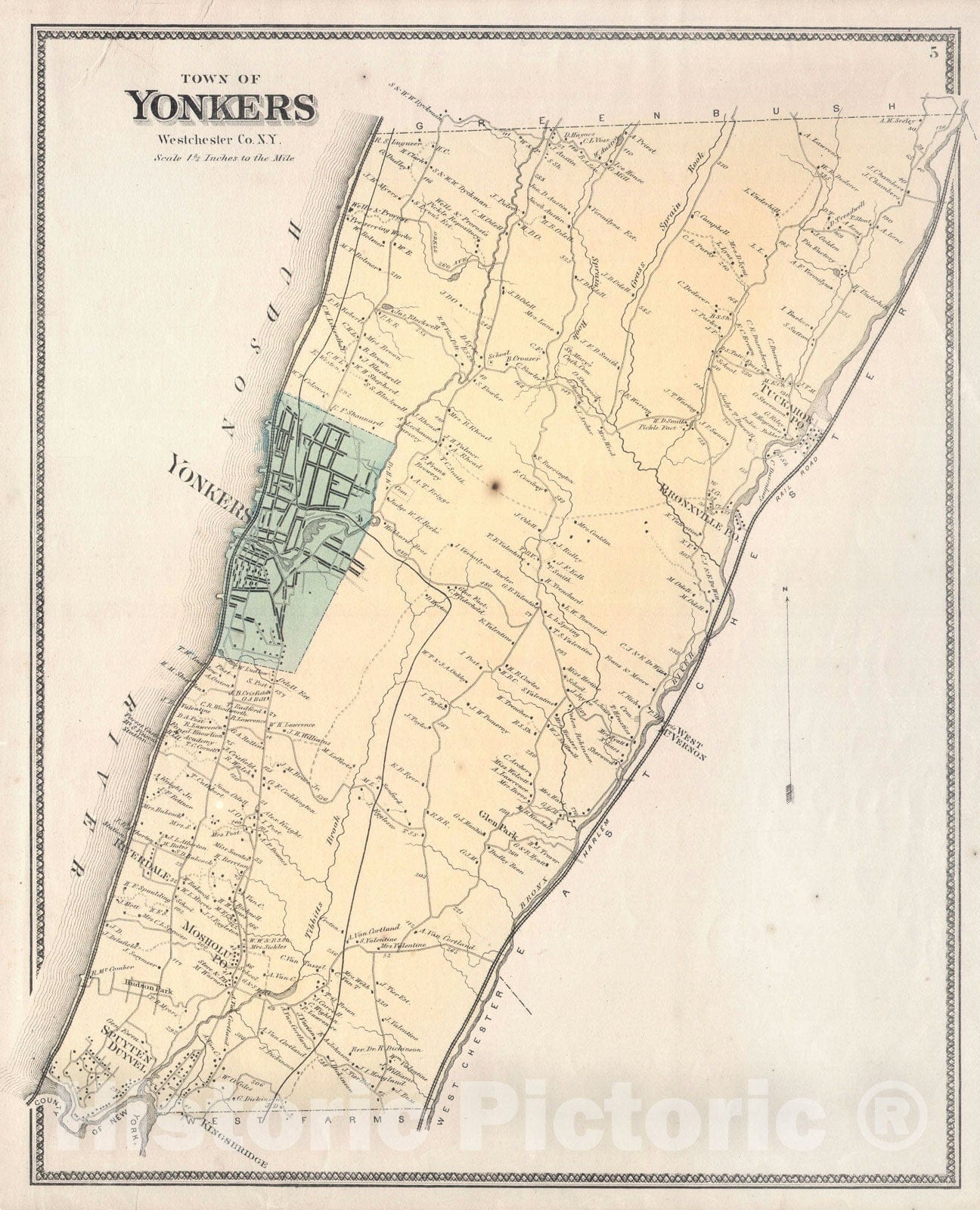 Historic Map : Yonkers " Bronx, Riverdale ", New York, Beers, 1867, Vintage Wall Art