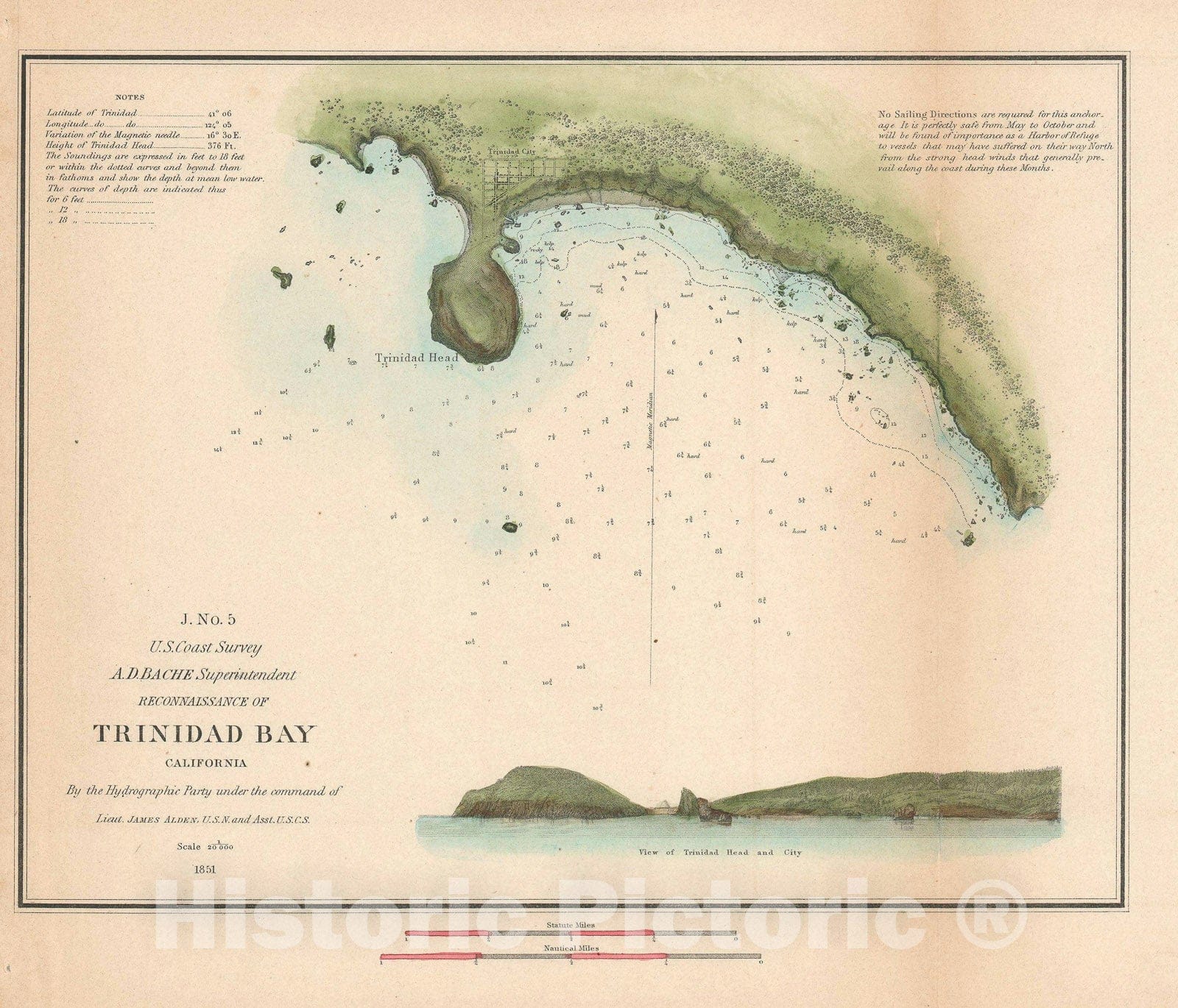 Historic Map : Nautical Chart Trinidad Bay, California, U.S. Coast Survey, 1851, Vintage Wall Art