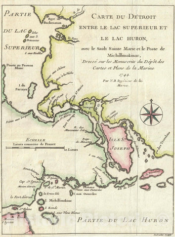 Historic Map : The Straits between Lake Huron, Lake Michigan, and Lake Superior "Great Lakes", Bellin, 1744, Vintage Wall Art