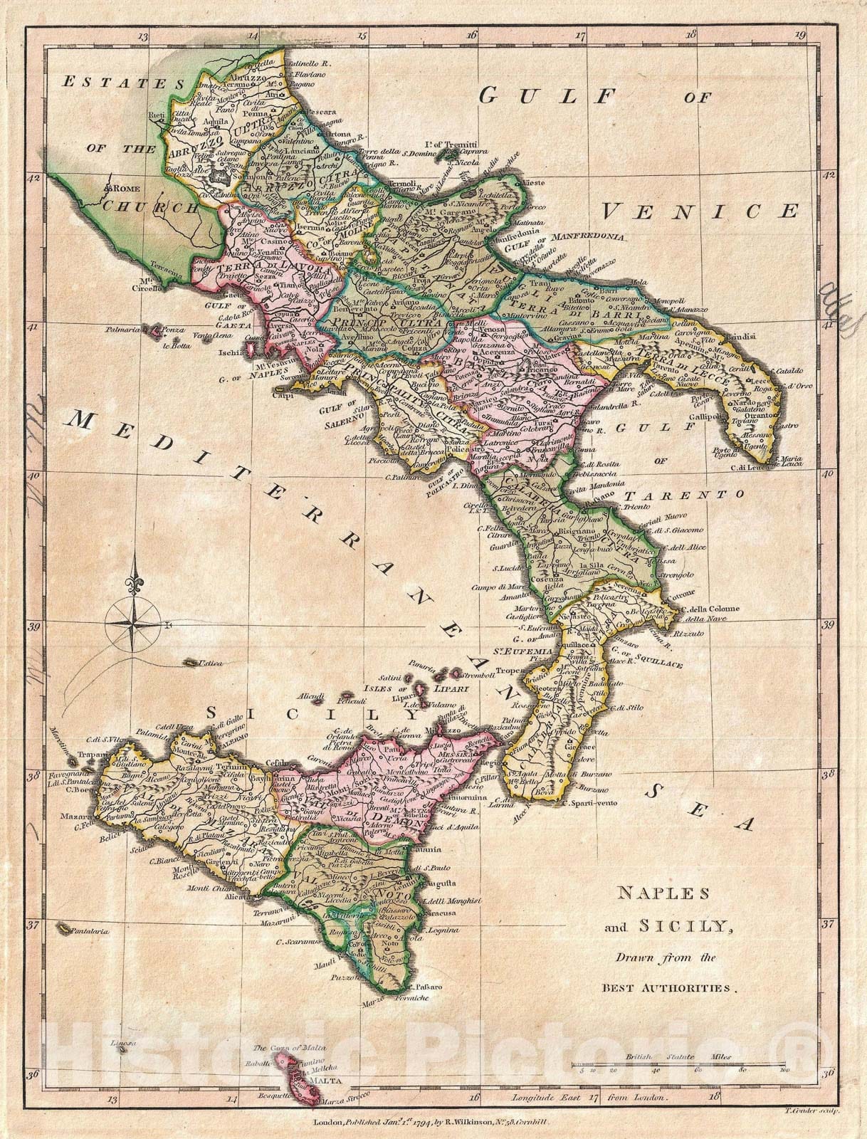 Historic Map : Southern Italy: Naples and Sicily, Wilkinson, 1794, Vintage Wall Art