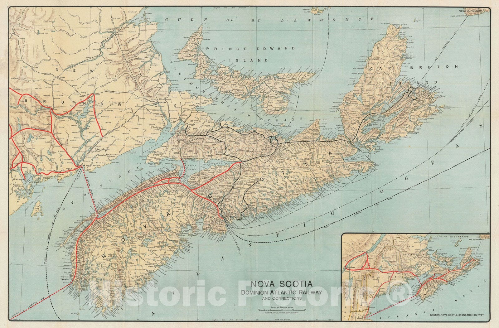 Historic Map : Nova Scotia and Dominion Atlantic Railway, Poole Brothers, 1918, Vintage Wall Art