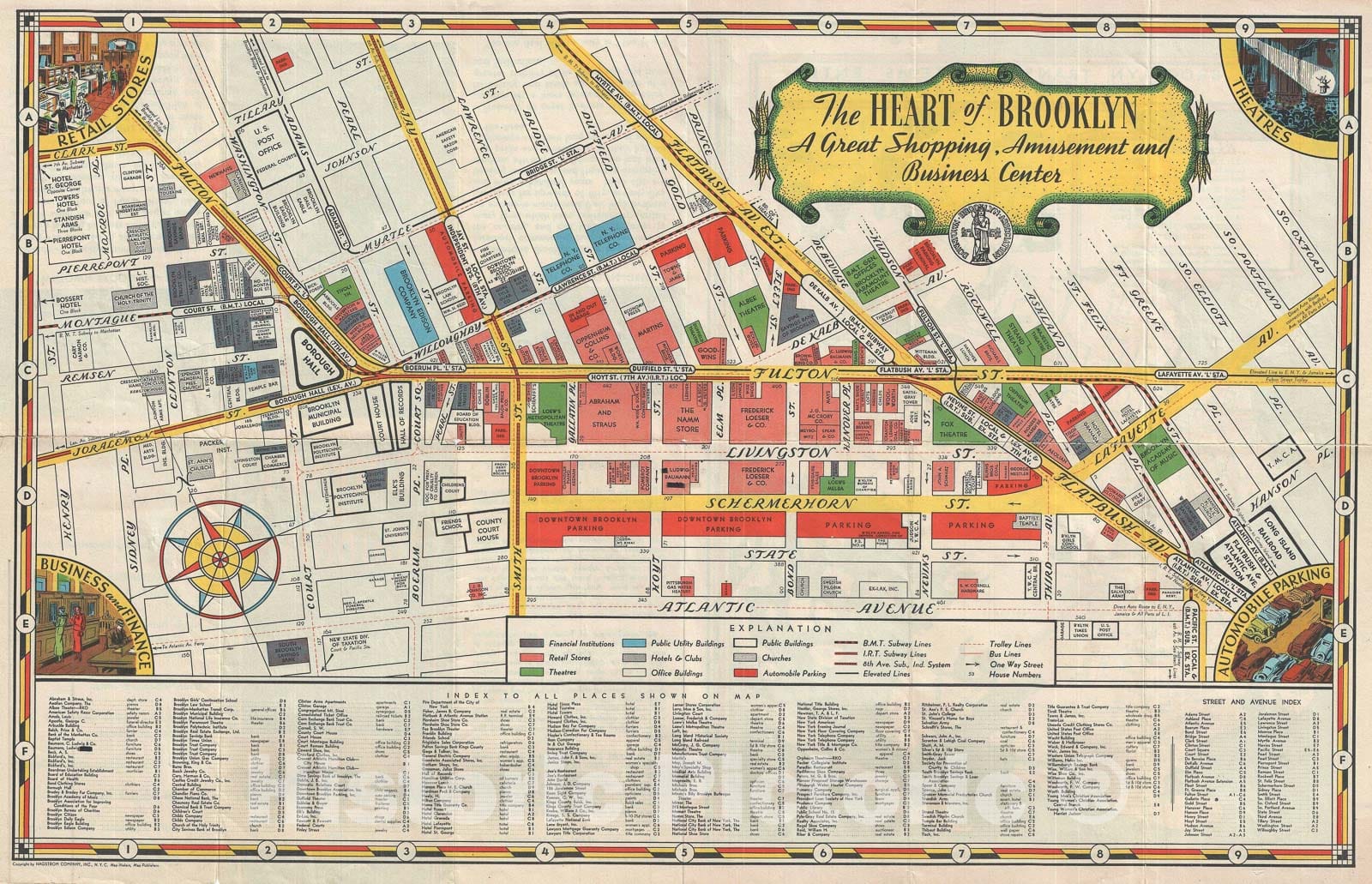 Historic Map : Downtown Brooklyn Association Pictorial Map of Downtown Brooklyn, 1935, Vintage Wall Art