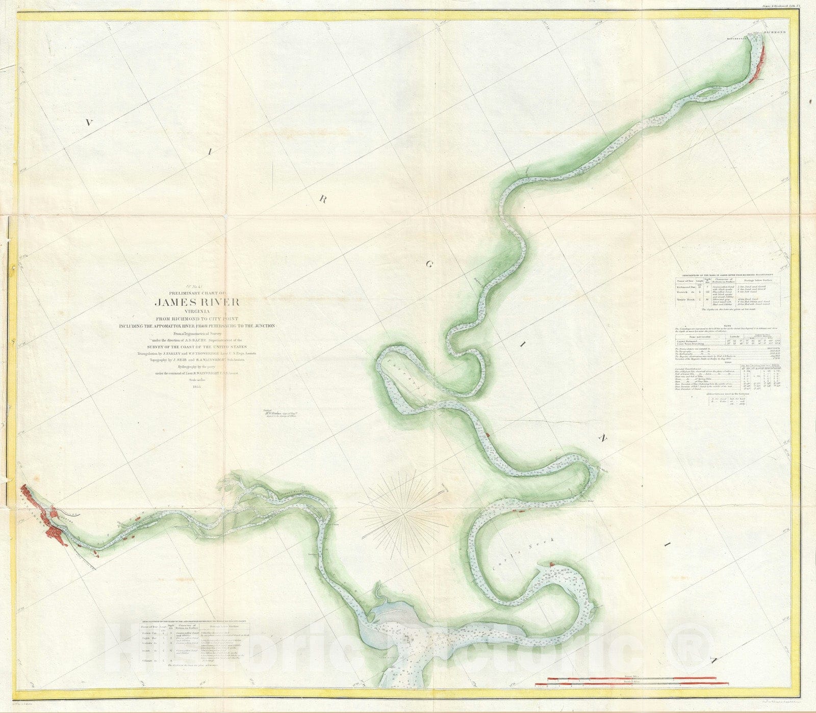 Historic Map : Nautical Chart James River, Virginia, U.S. Coast Survey, 1855, Vintage Wall Art