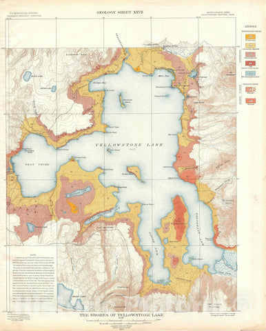 Historic Map : USGS Geologic Yellowstone Lake, Yellowstone National Park, 1904 v1, Vintage Wall Art