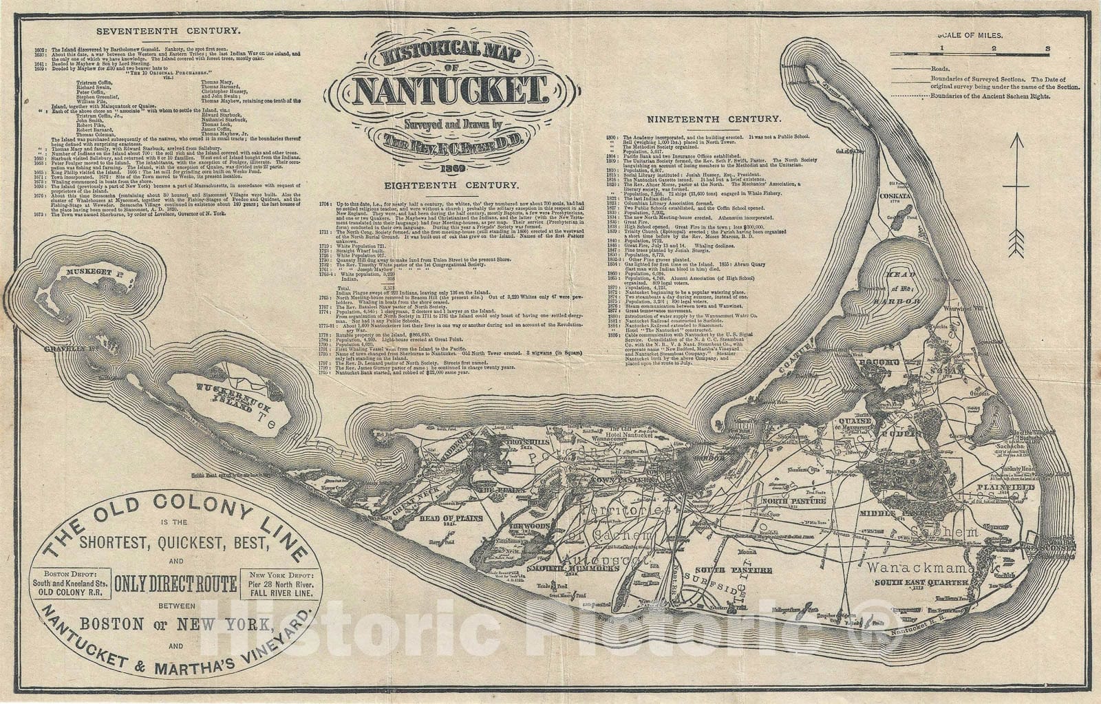 Historic Map : Nantucket Island, Massachusetts w/ Old Colony Line Ad, Ewer, 1889, Vintage Wall Art