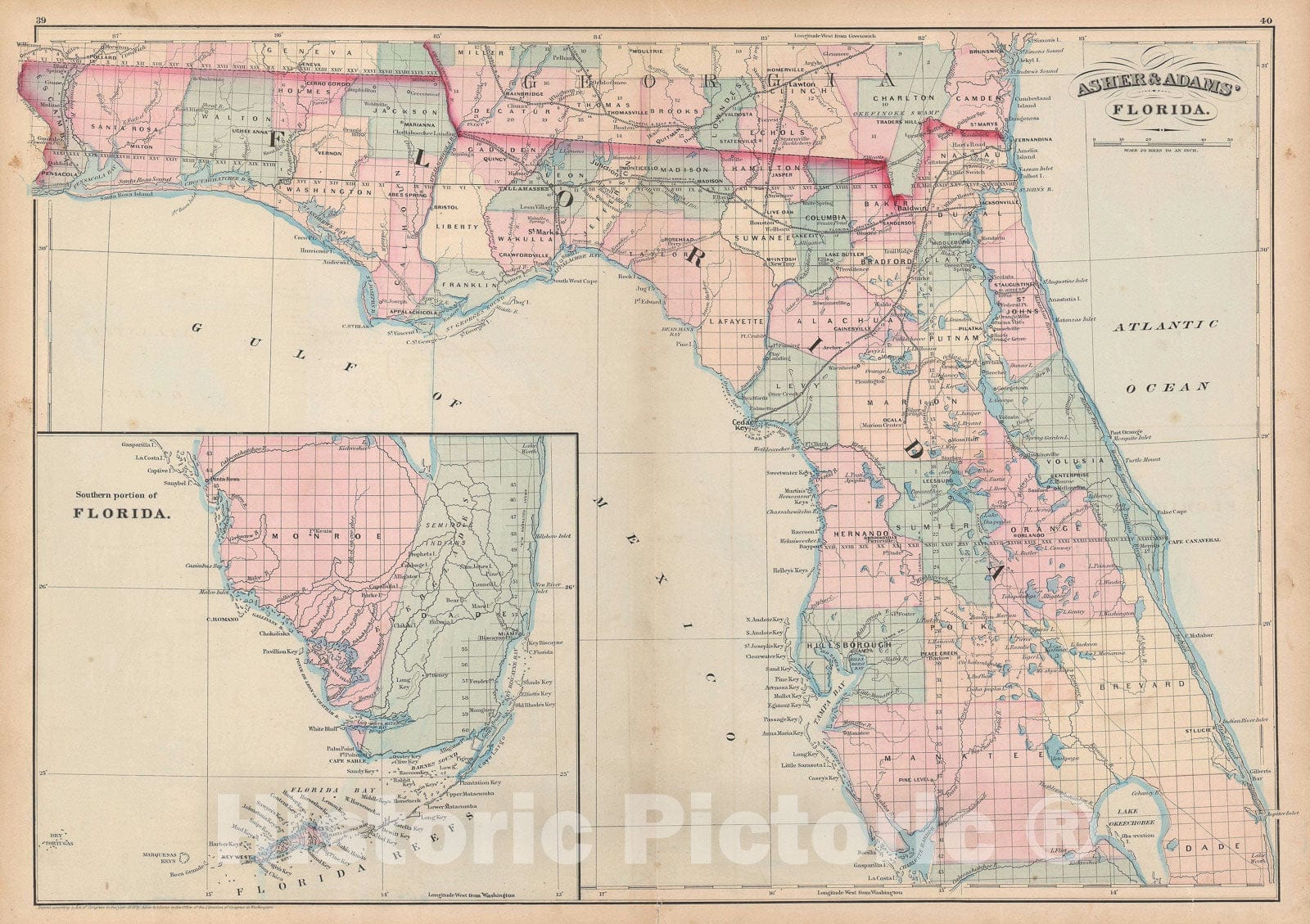 Historic Map : Florida, Asher and Adams, 1872, Vintage Wall Art