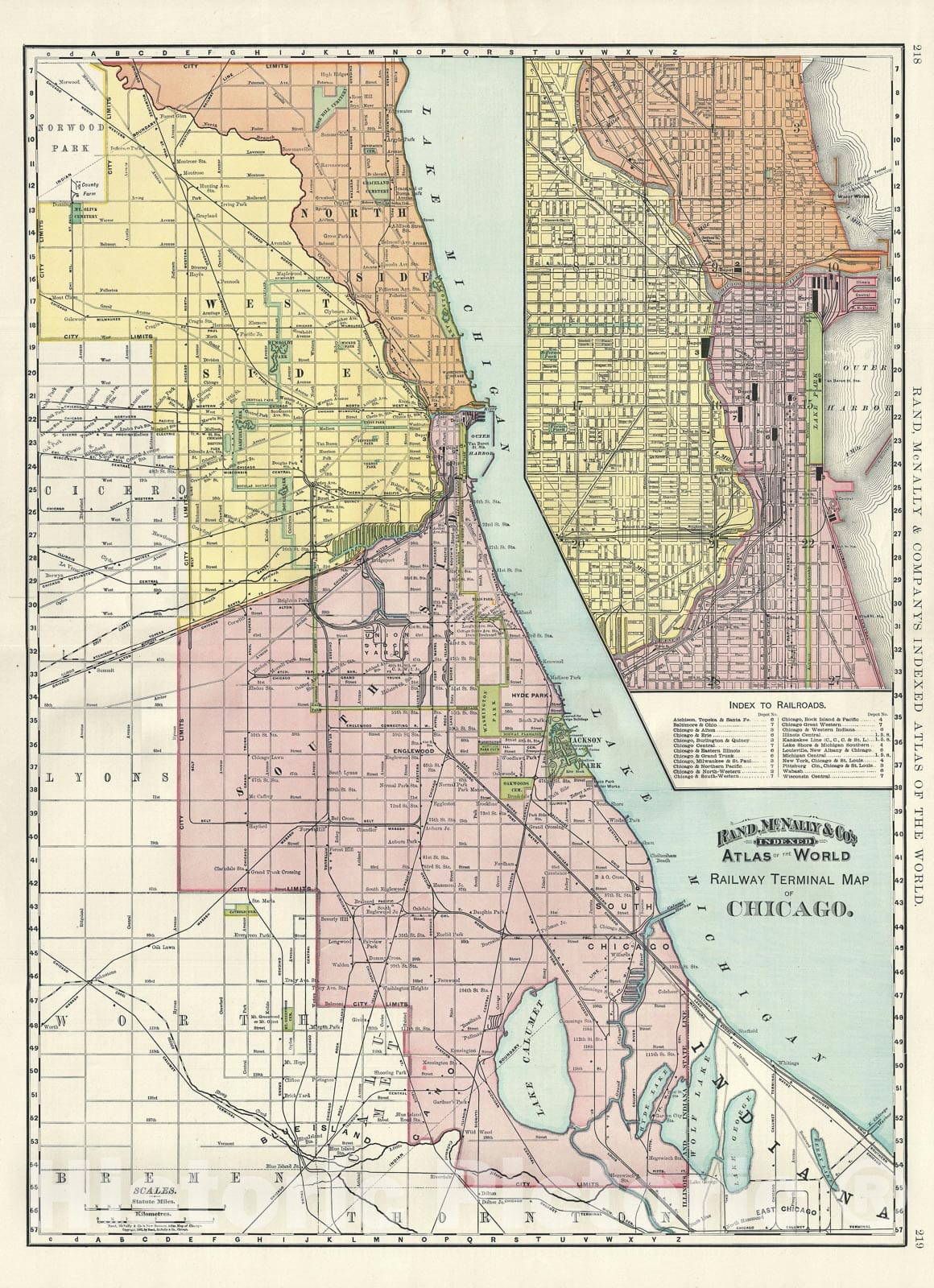 Historic Map : Plan of Chicago, Illinois "showing Railway Terminals", Rand McNally, 1892, Vintage Wall Art