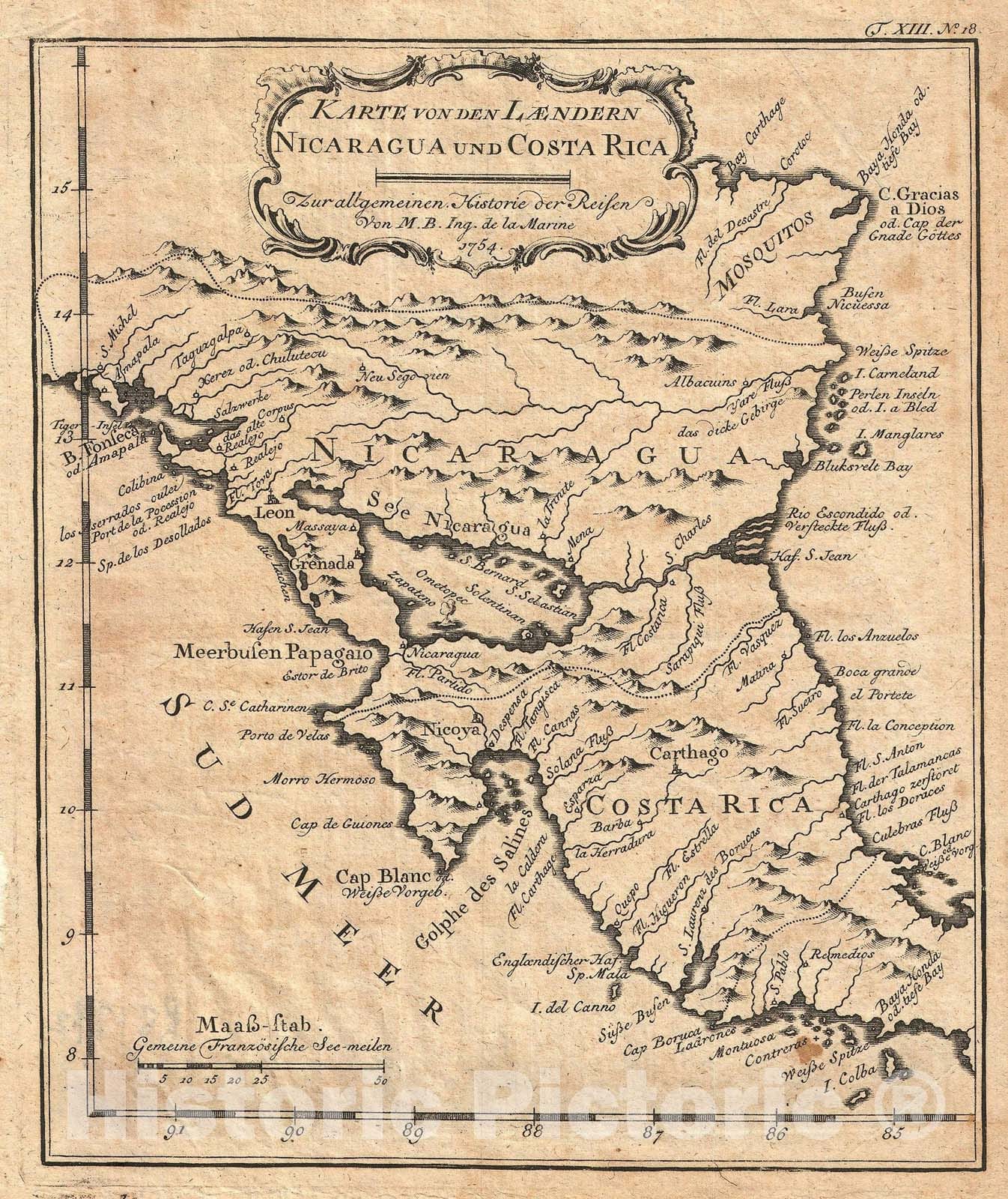 Historic Map : Nicaragua and Costa Rica, Bellin, 1753, Vintage Wall Art