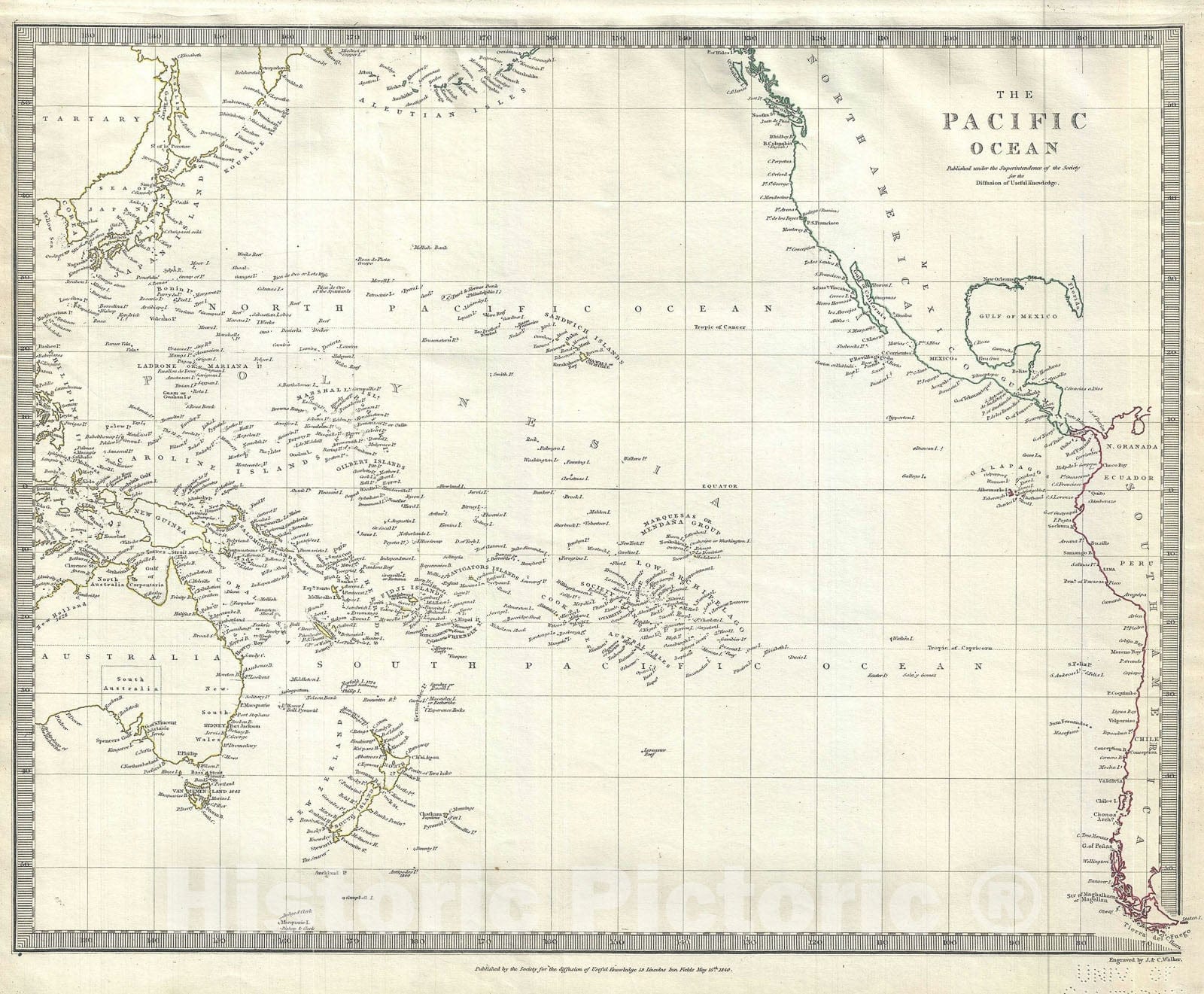 Historic Map : Pacific Ocean including Polynesia, Melanesia, Micronesia, S.D.U.K., 1840, Vintage Wall Art
