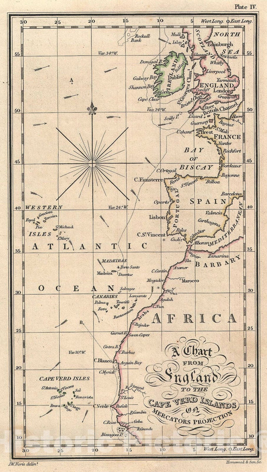 Historic Map : Nautical Chart Atlantic: England to The Cape Verd Islands, J.W. Norie, 1840, Vintage Wall Art