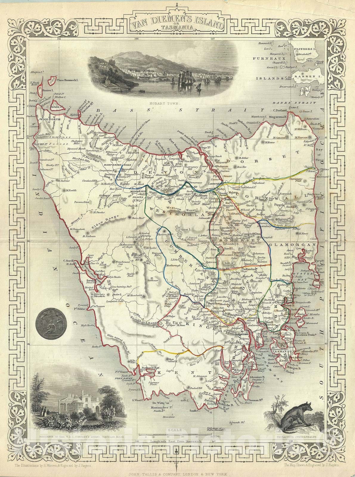 Historic Map : Van Diemen's LanArt Tasmania, Tallis and Rapkin, 1851, Vintage Wall Art