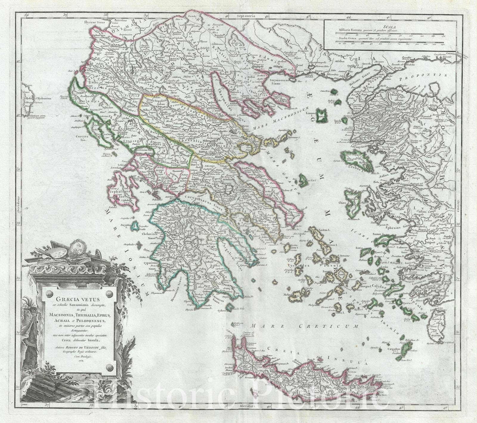 Historic Map : Greece and The Balkans in Antiquity, Vaugondy, 1752, Vintage Wall Art