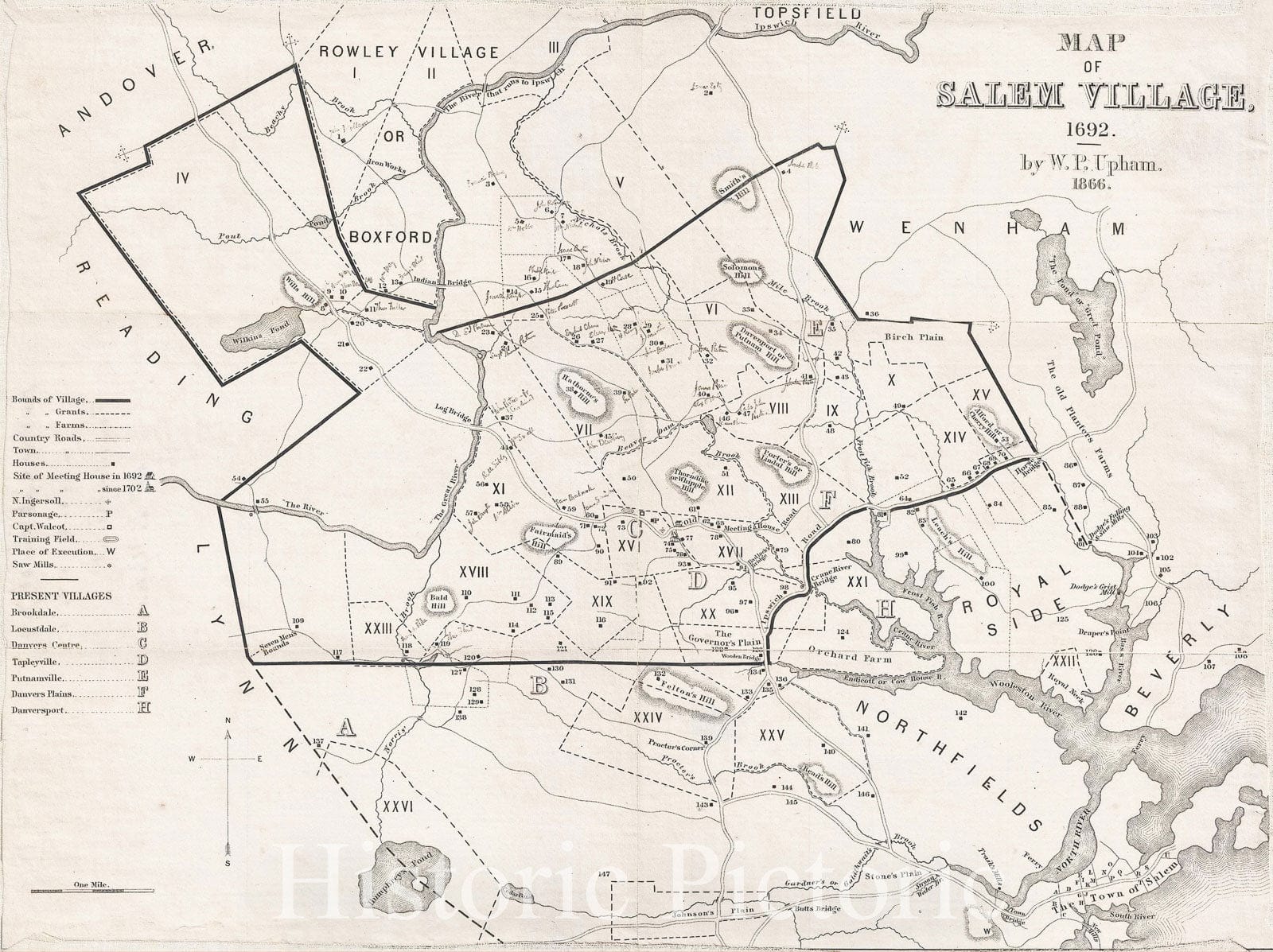 Historic Map : The Village of Salem, Massachusetts, during The 1692 Witchcraft Trials, W. P. Upham, 1866, Vintage Wall Art