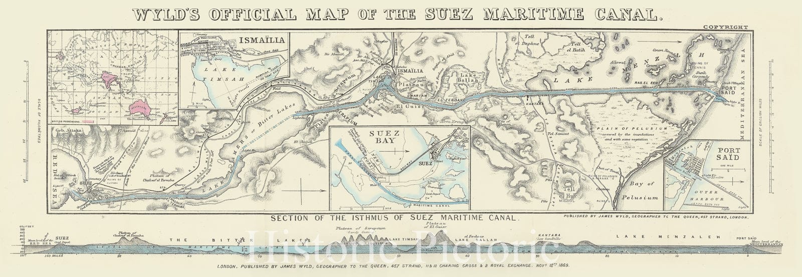 Historic Map : The Suez Canal, Egypt, Wyld Official, 1869, Vintage Wall Art