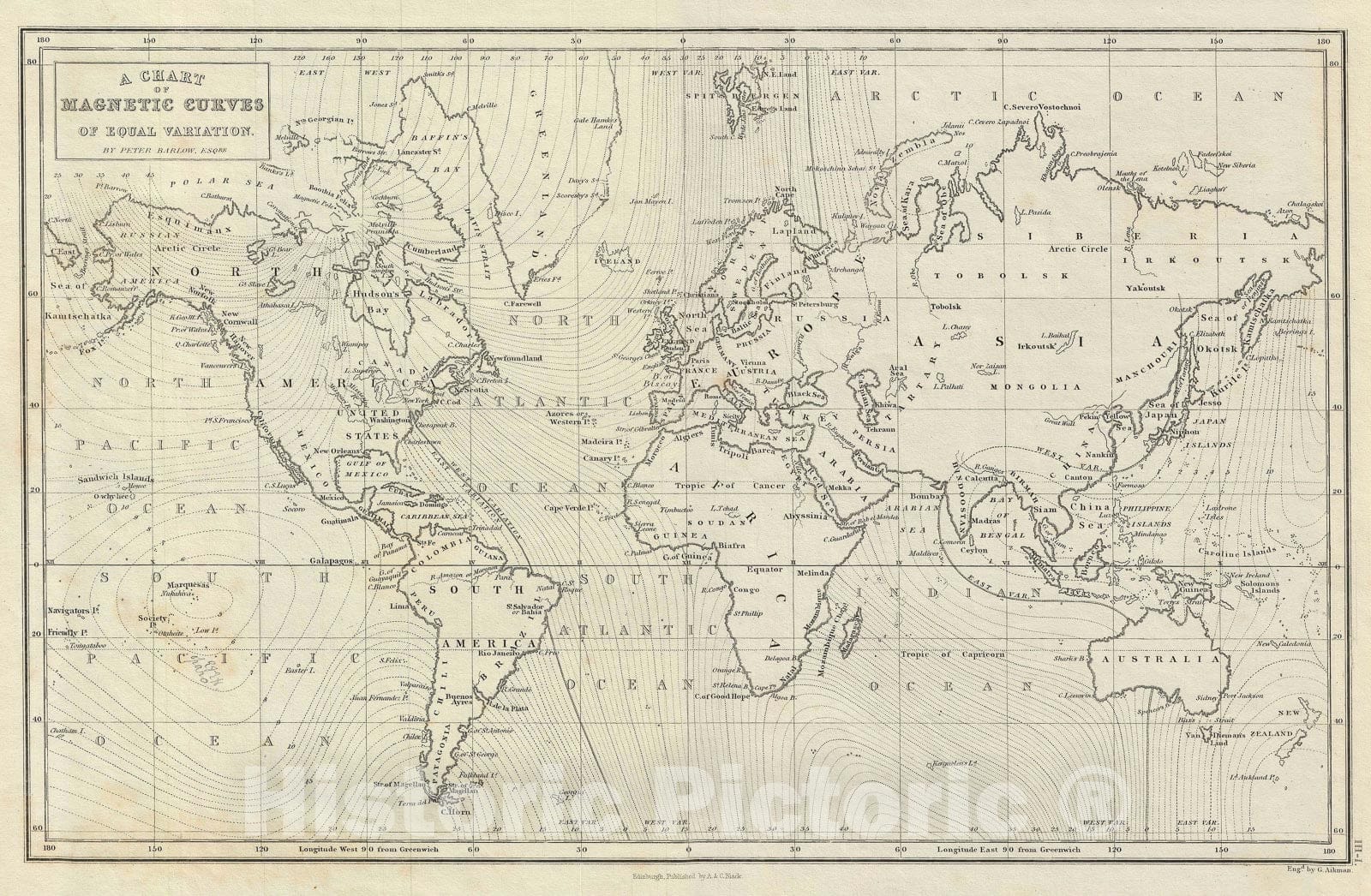 Historic Map : Chart World's Magnetic Waves, Black, 1851, Vintage Wall Art
