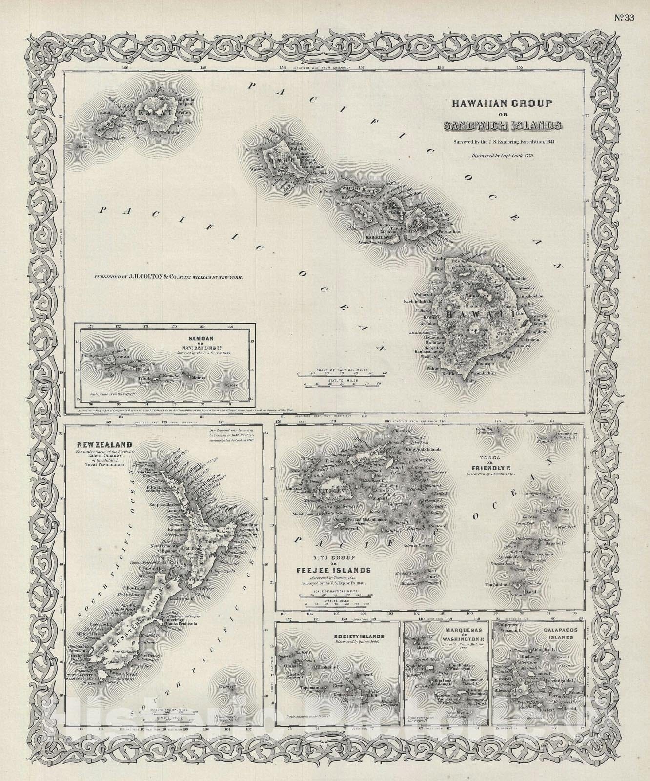 Historic Map : Hawaii and New Zealand, Colton, 1856, Vintage Wall Art