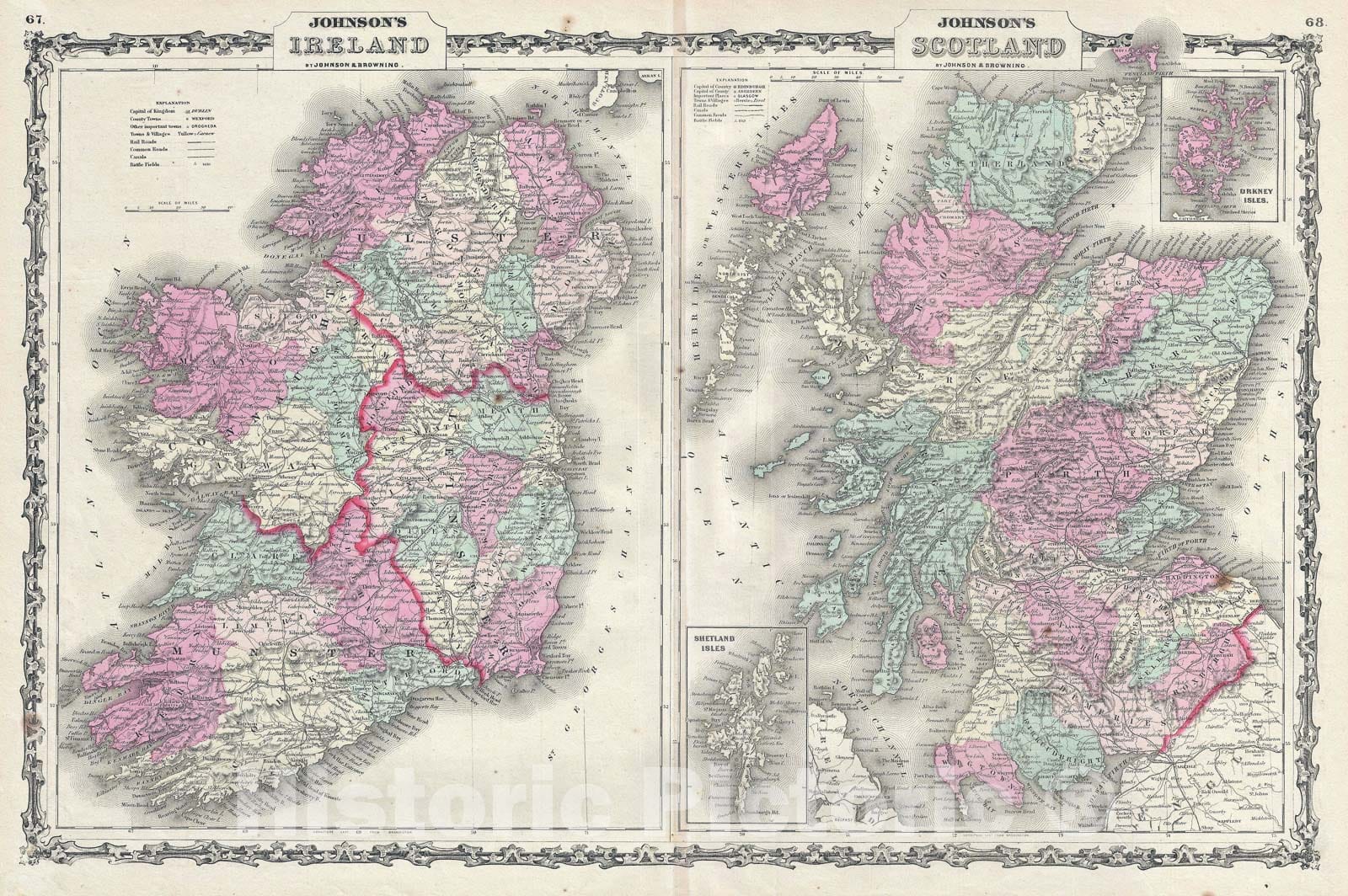 Historic Map : Scotland and Ireland, Johnson, 1861, Vintage Wall Art