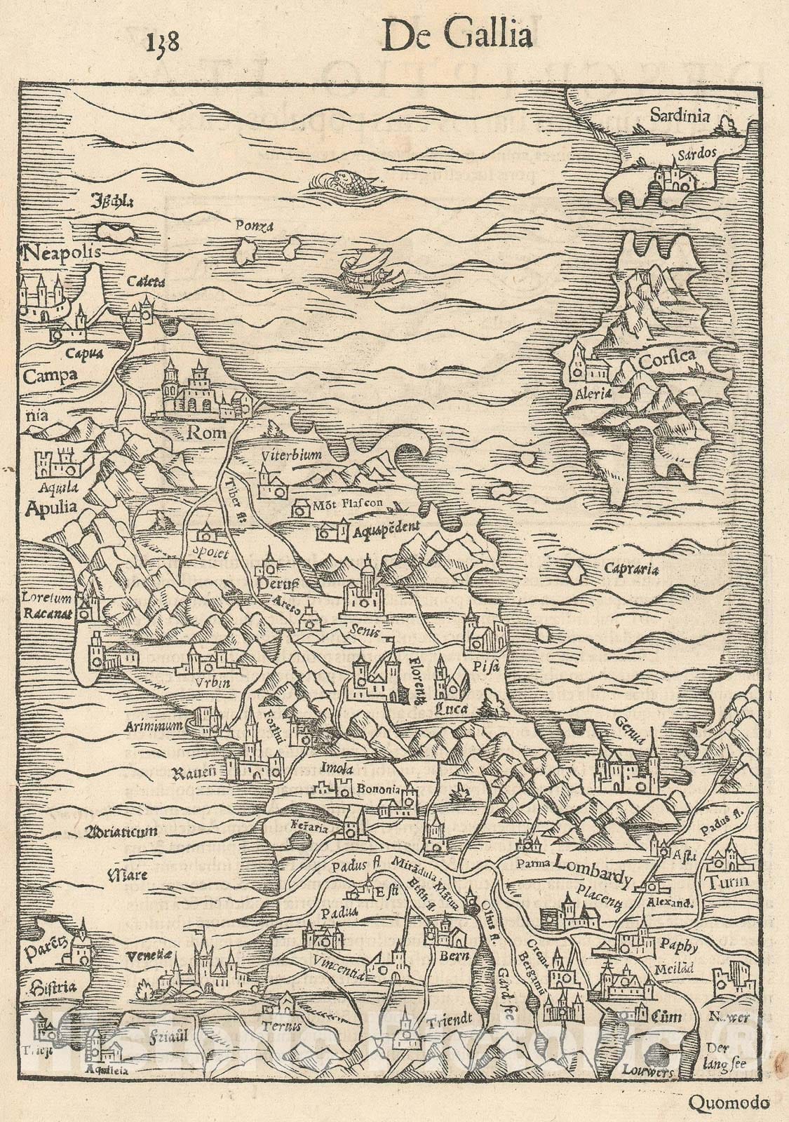 Historic Map : Italy North of Rome, with Venice and Corsica, Munster, 1554, Vintage Wall Art